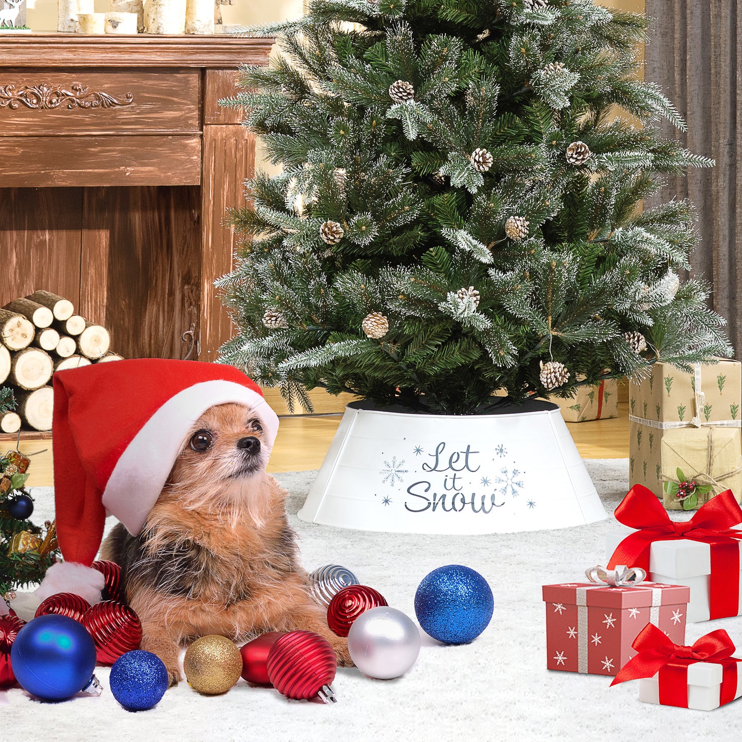 Small terrier wearing a Santa hat surrounded by red blue and gold Christmas ornaments