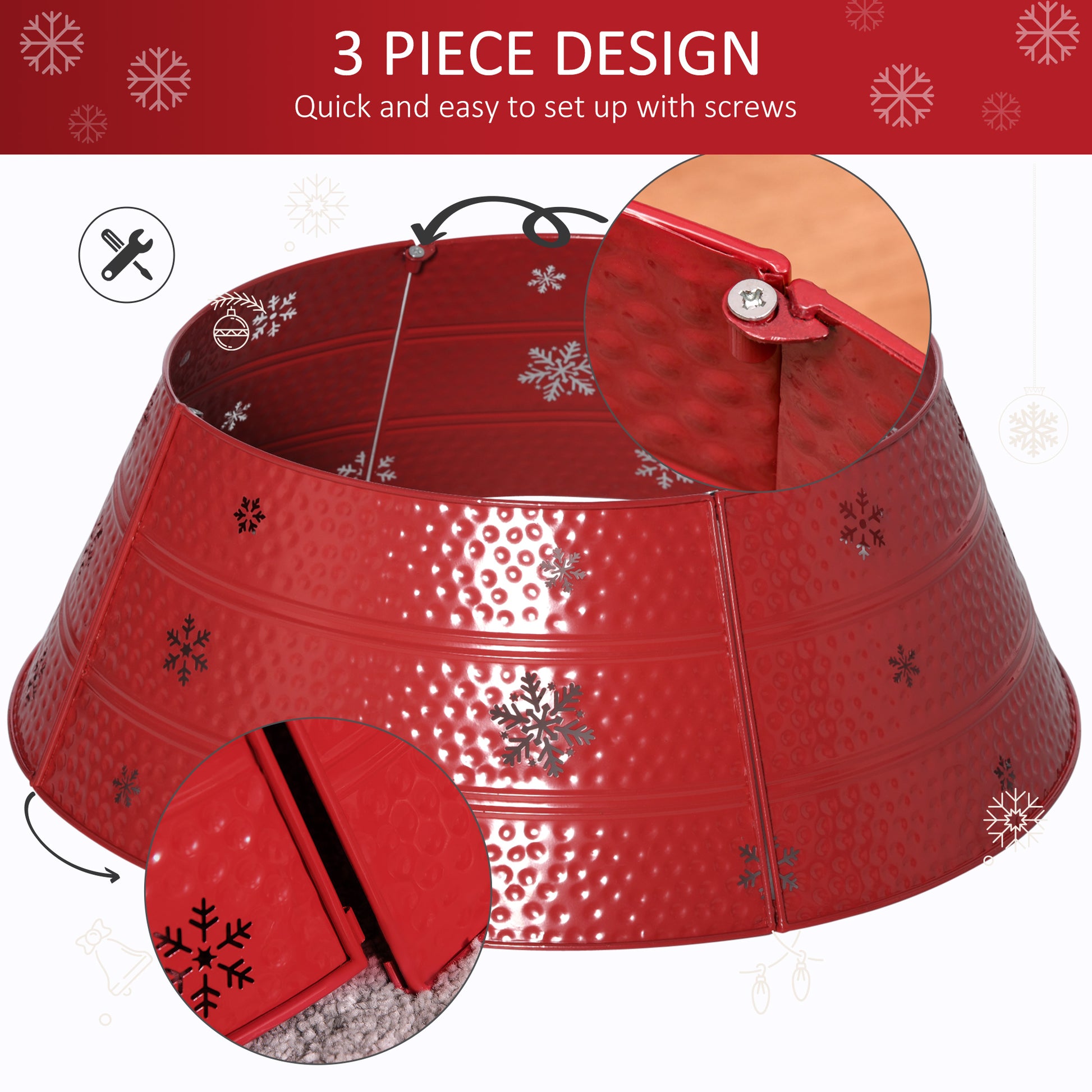 Red metal Christmas tree collar with snowflake cutouts piece design for easy assembly