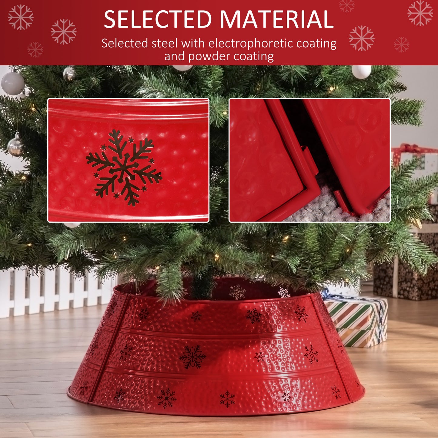 Red metal Christmas tree collar with embossed snowflake pattern