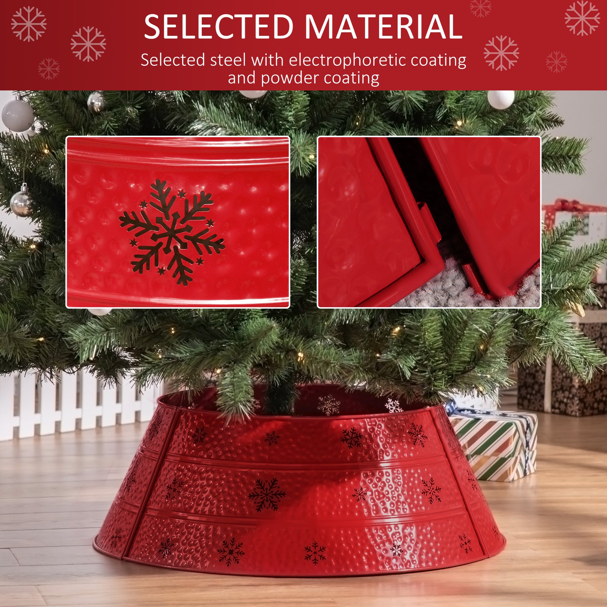 Red metal Christmas tree collar with embossed snowflake pattern