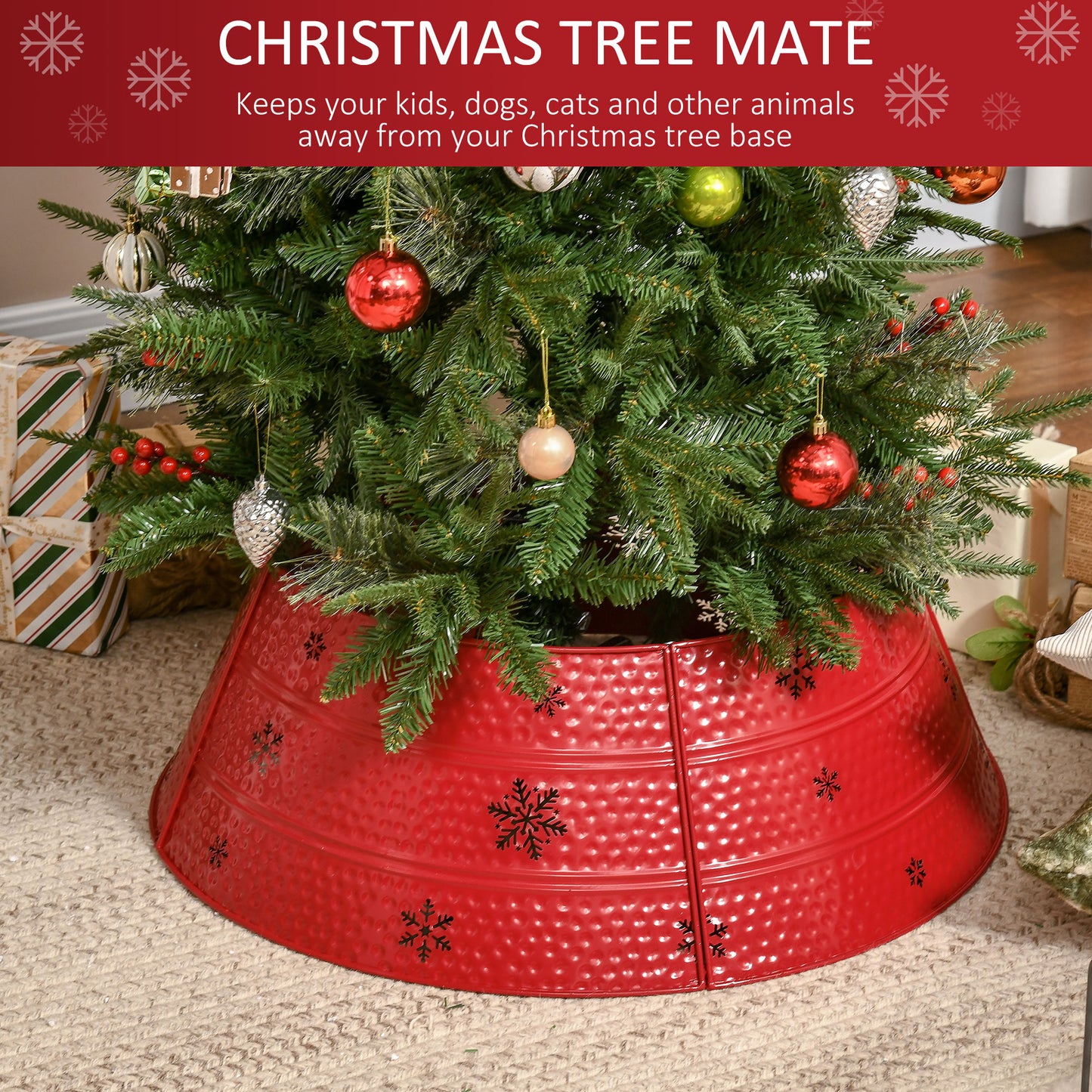 Red hammered metal Christmas tree skirt with snowflake cutouts