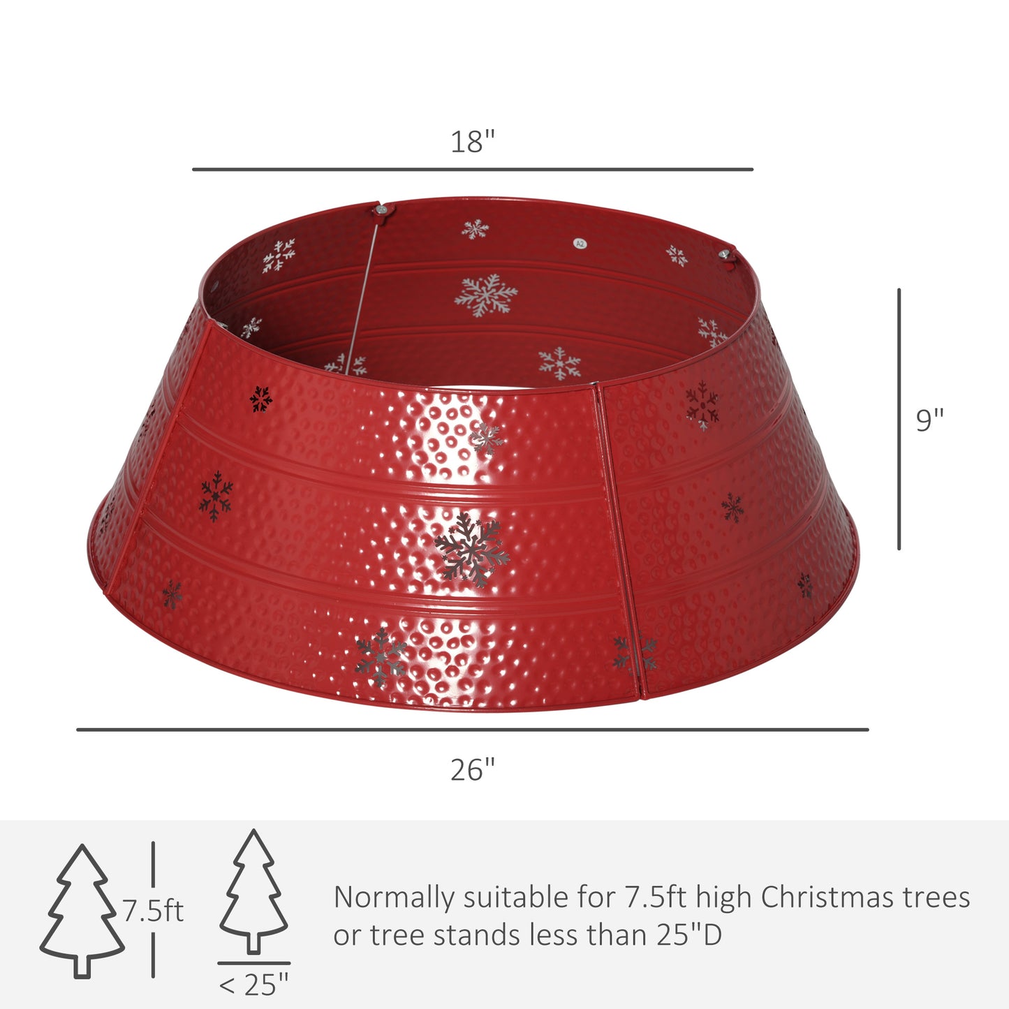 Red metal Christmas tree collar with embossed snowflake design and inch diameter