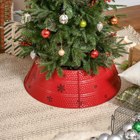 Red hammered metal christmas tree skirt with black snowflakes