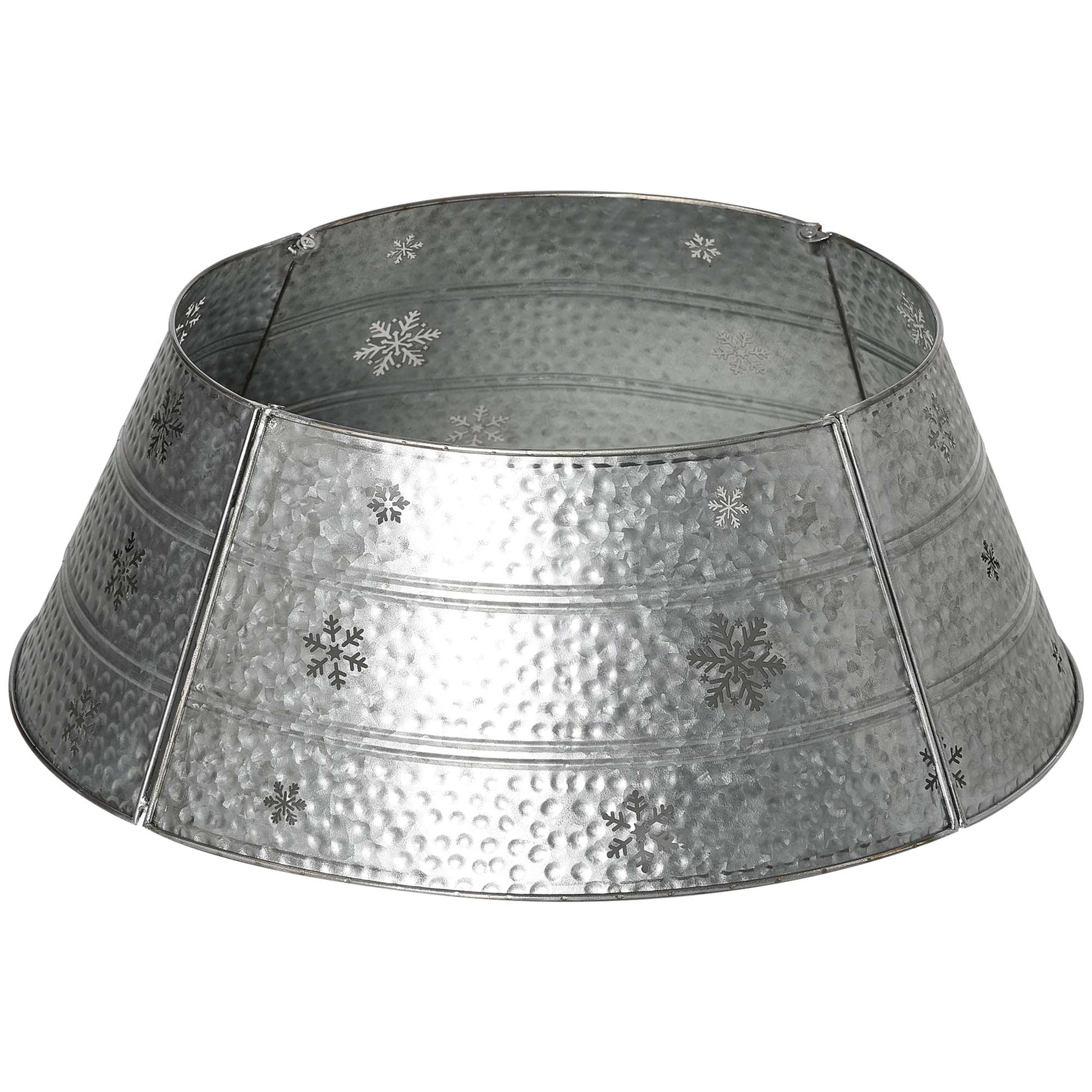 Galvanized metal tree collar with embossed snowflakes ideal for Christmas decor