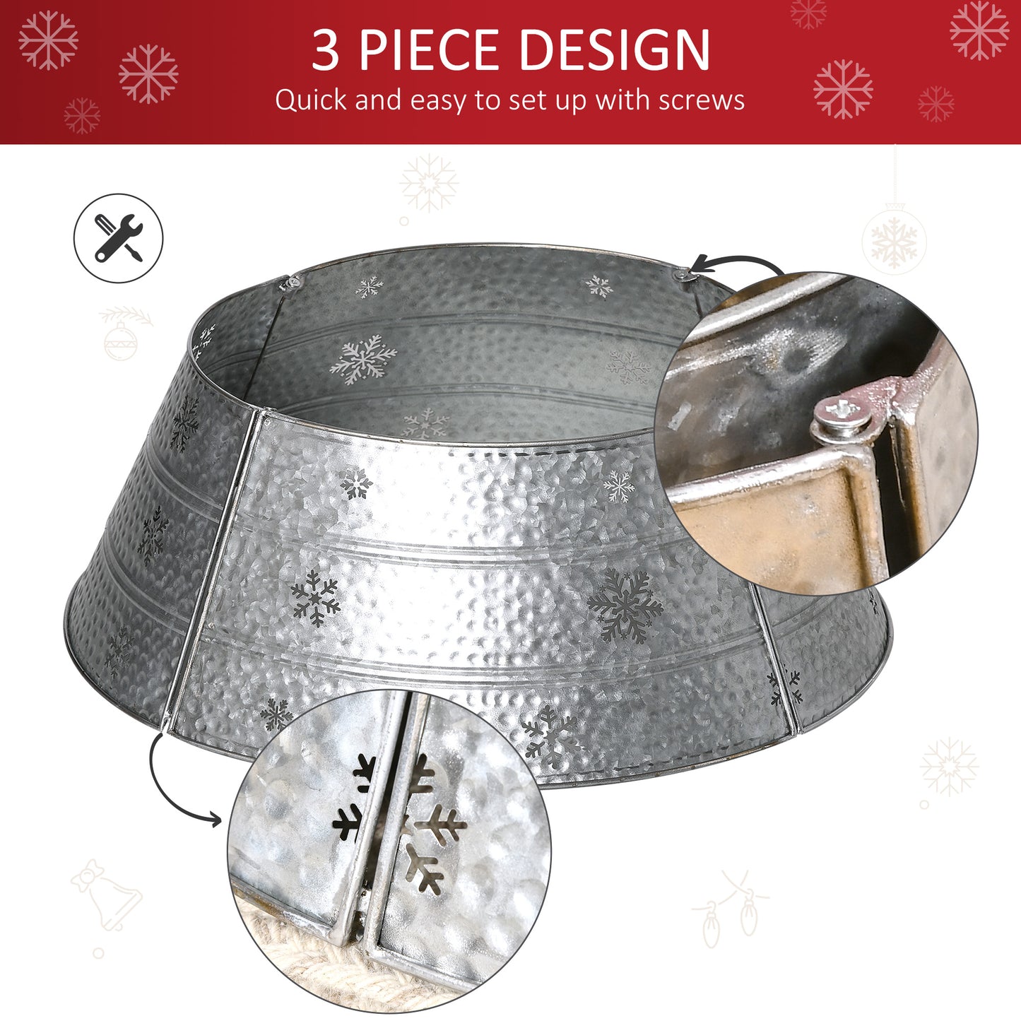 Galvanized metal tree collar with etched snowflakes and threepiece design