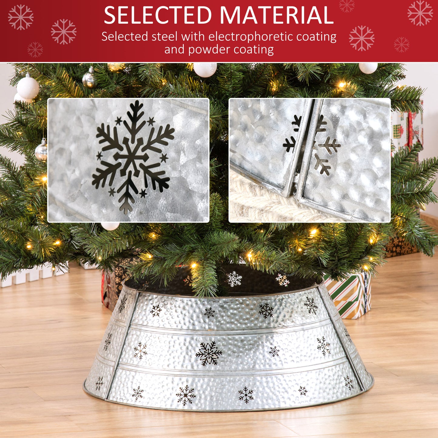 Galvanized metal Christmas tree collar with snowflake cutouts and hammered texture