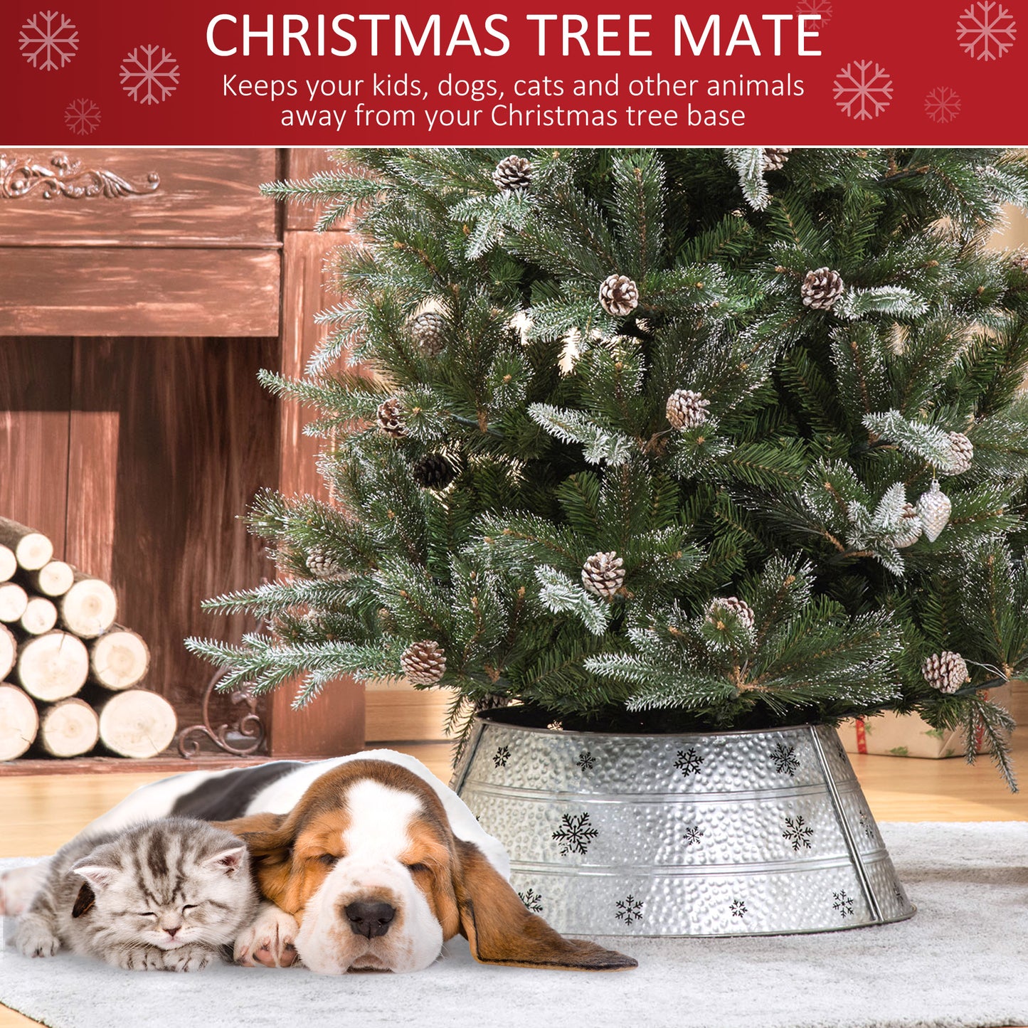 Galvanized metal Christmas tree collar with embossed snowflakes  inches wide