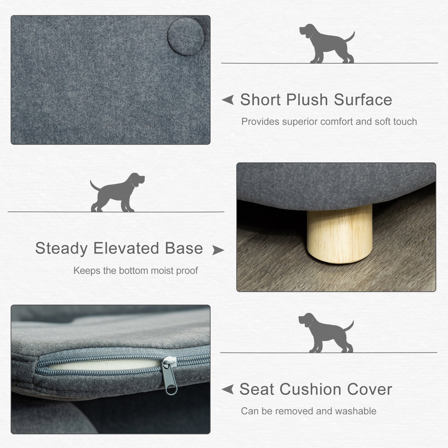 Closeup of grey short plush fabric on a pet bed with a circular button detail