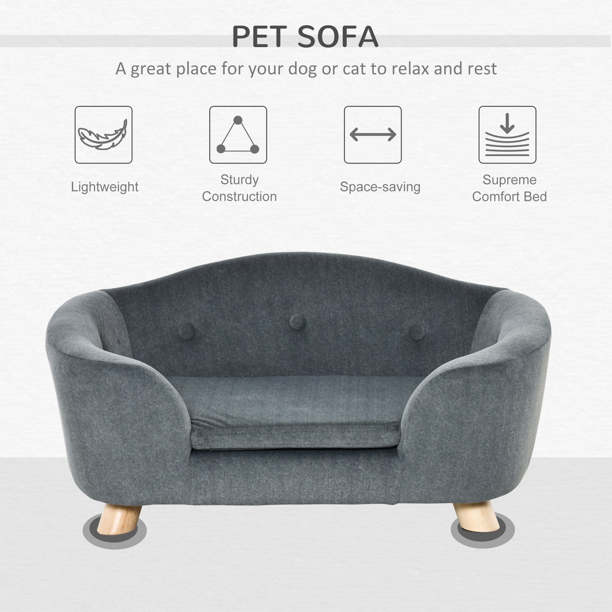 Grey upholstered pet sofa with wooden legs designed for dog and cat comfort