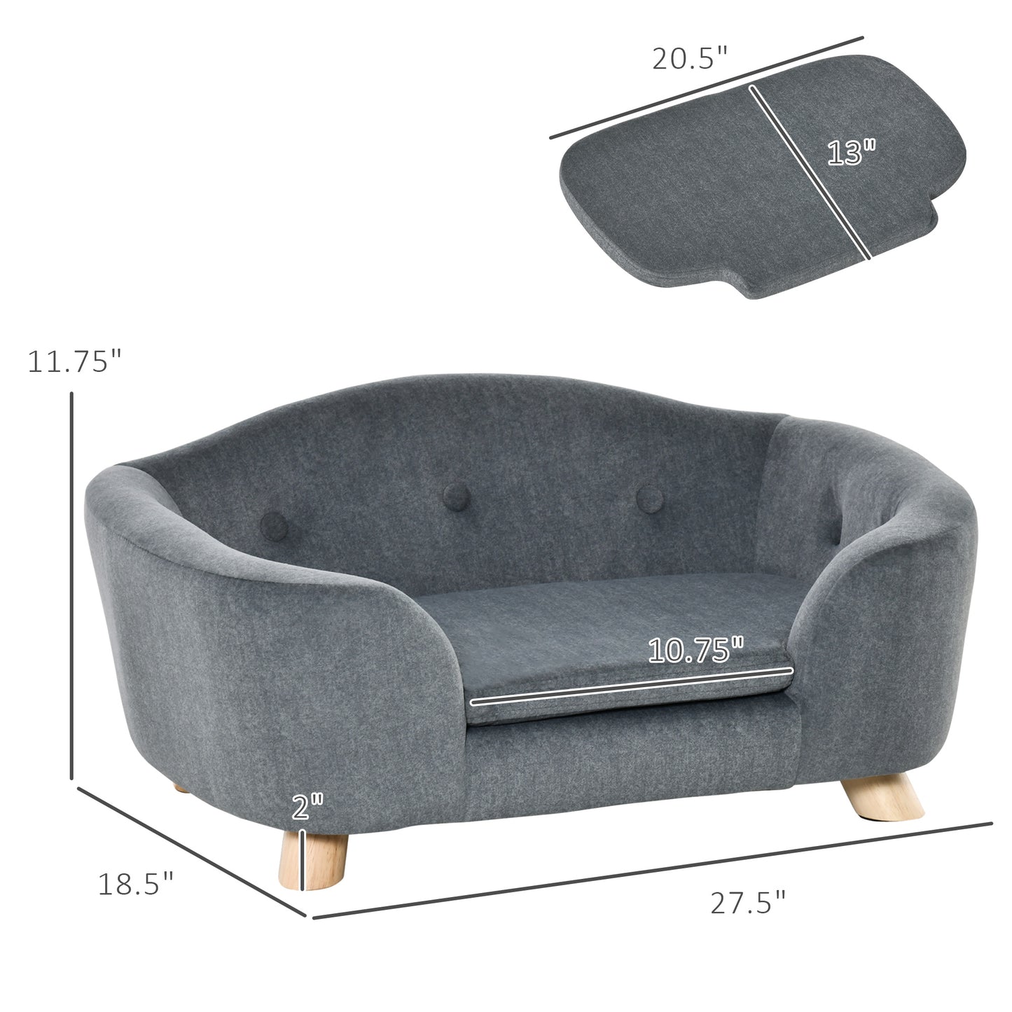 Dark gray upholstered pet sofa with tufted buttons and wooden legs