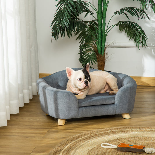 Stylish grey fabric pet sofa with a French Bulldog resting comfortably