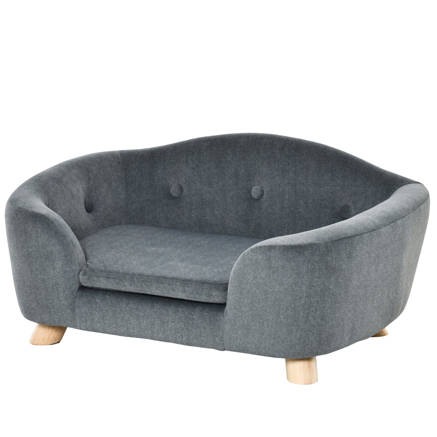 Dark gray plush pet sofa with wooden legs and button tufting detail for ultimate pet comfort