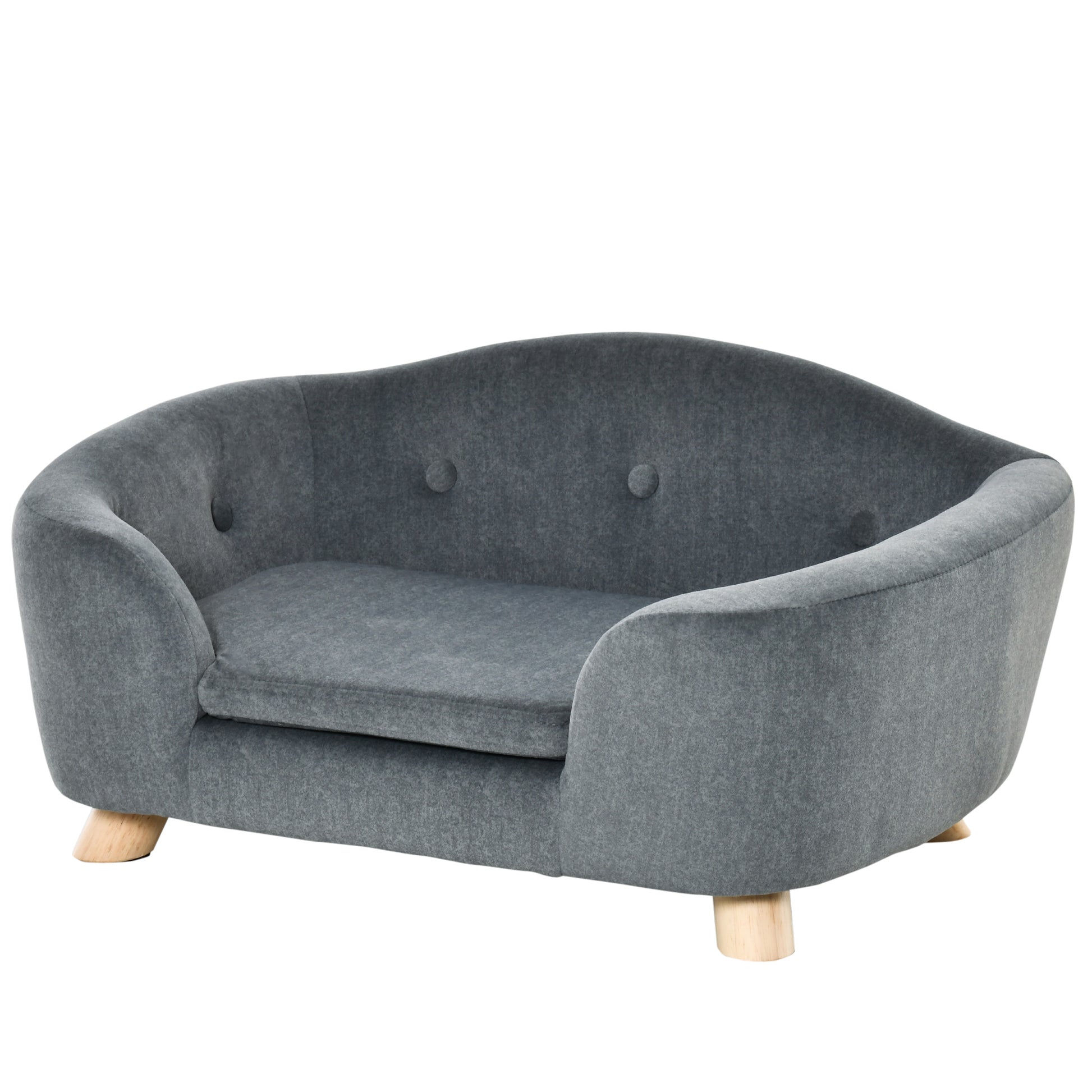 Dark gray plush pet sofa with wooden legs and button tufting detail for ultimate pet comfort