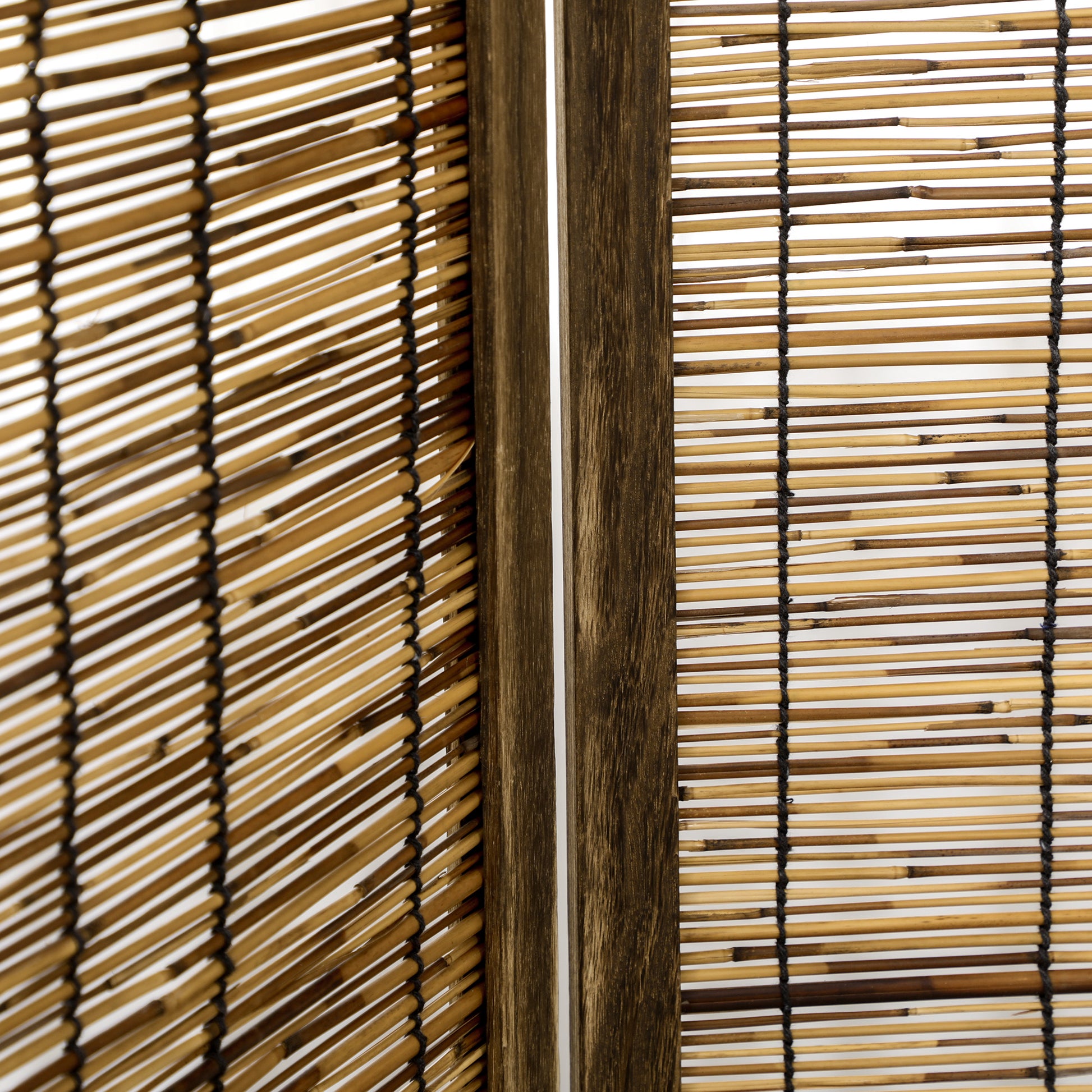 Natural bamboo blinds with dark wood frame for sun protection