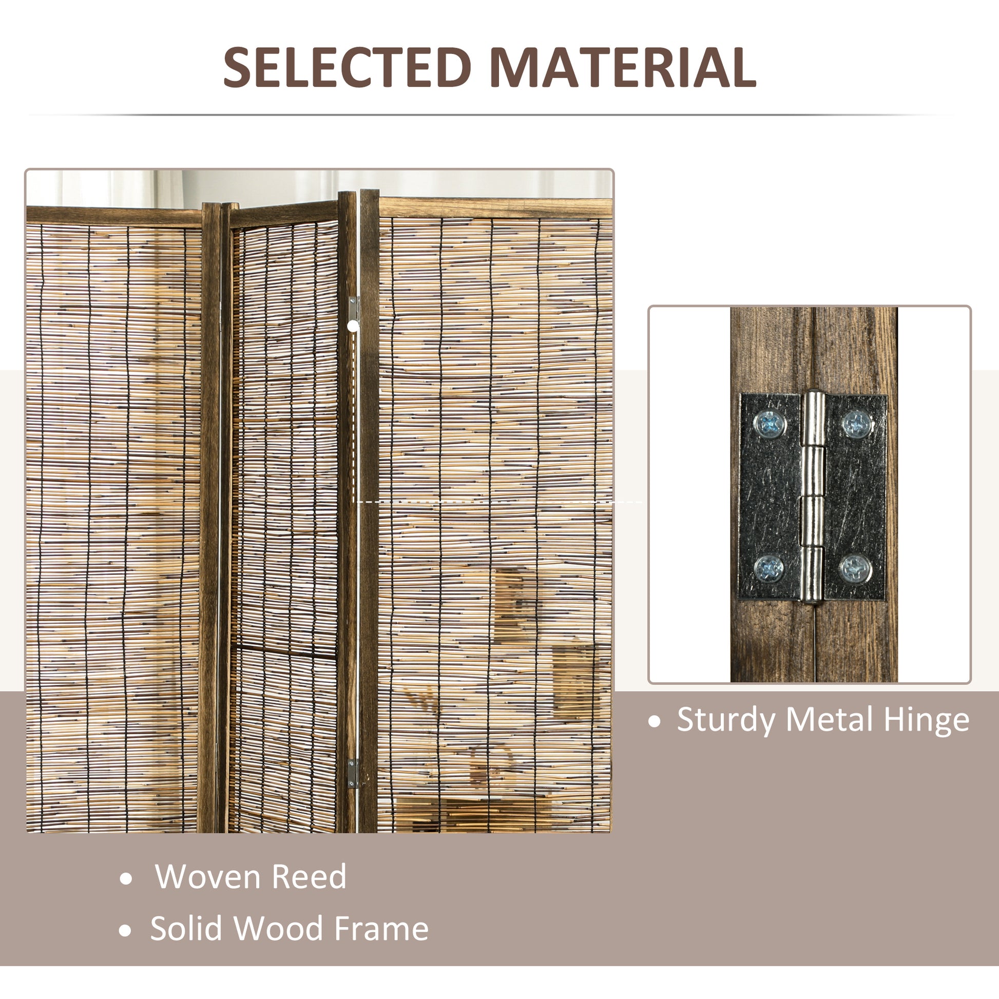 Closeup of a natural reed room divider with a solid wood frame and metal hinge