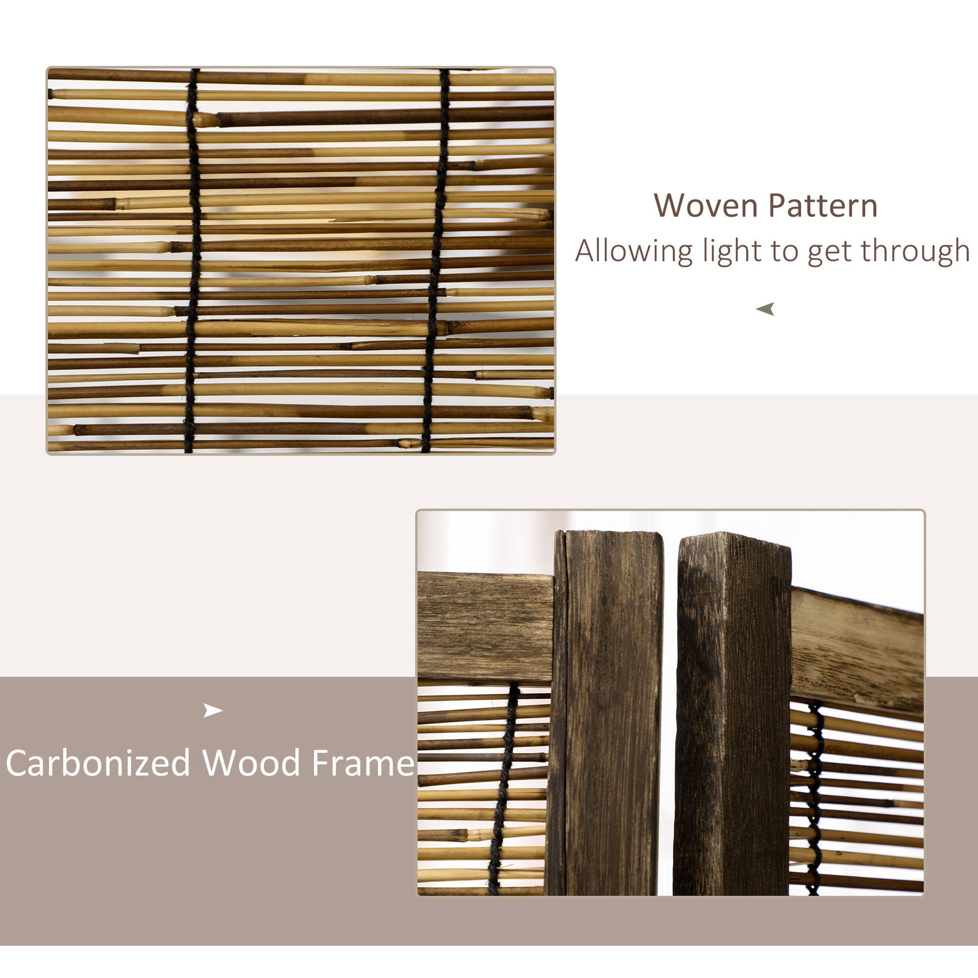 Closeup of a woven bamboo screen with a dark string allowing light to filter through