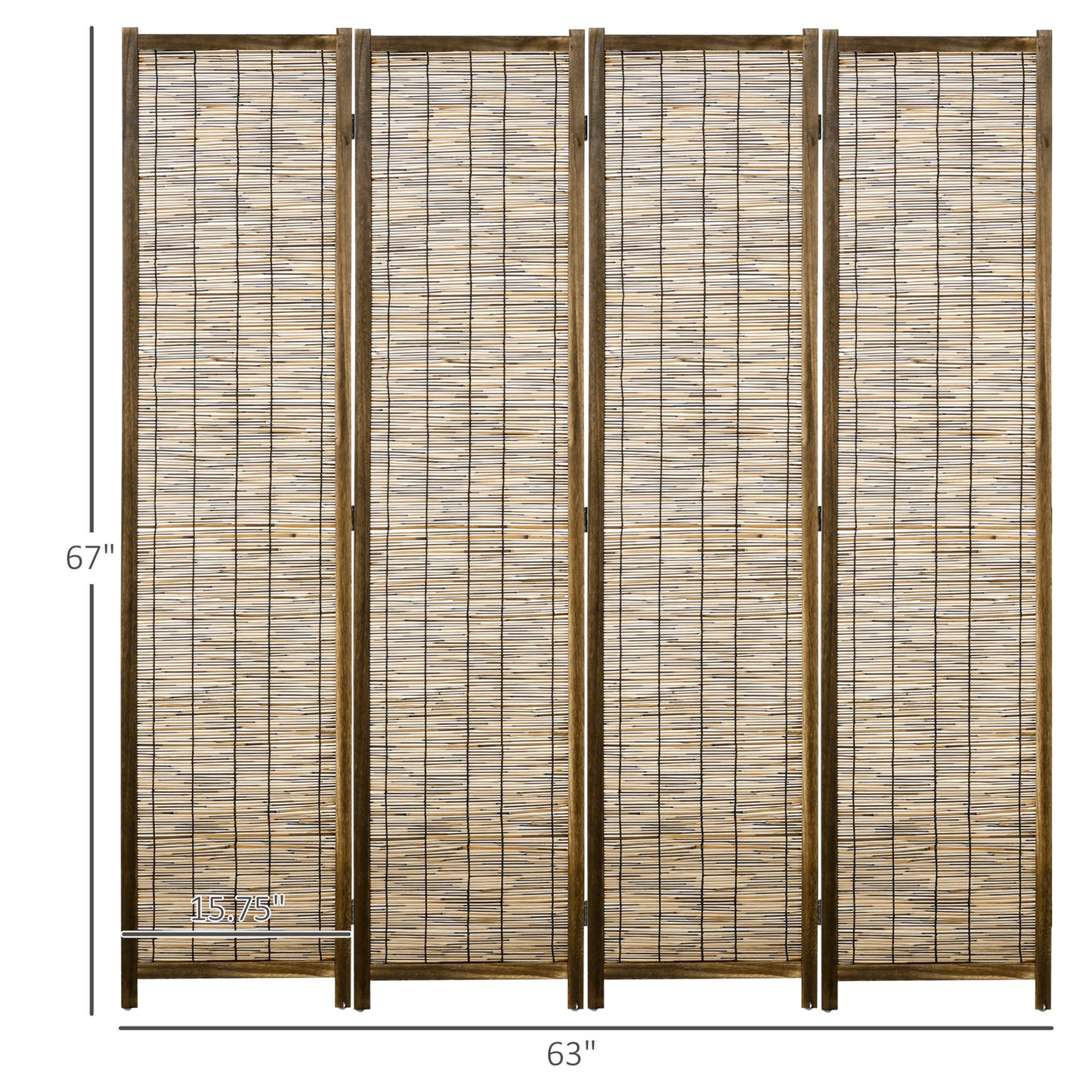 Fourpanel bamboo room divider with dark wood frame  inches tall