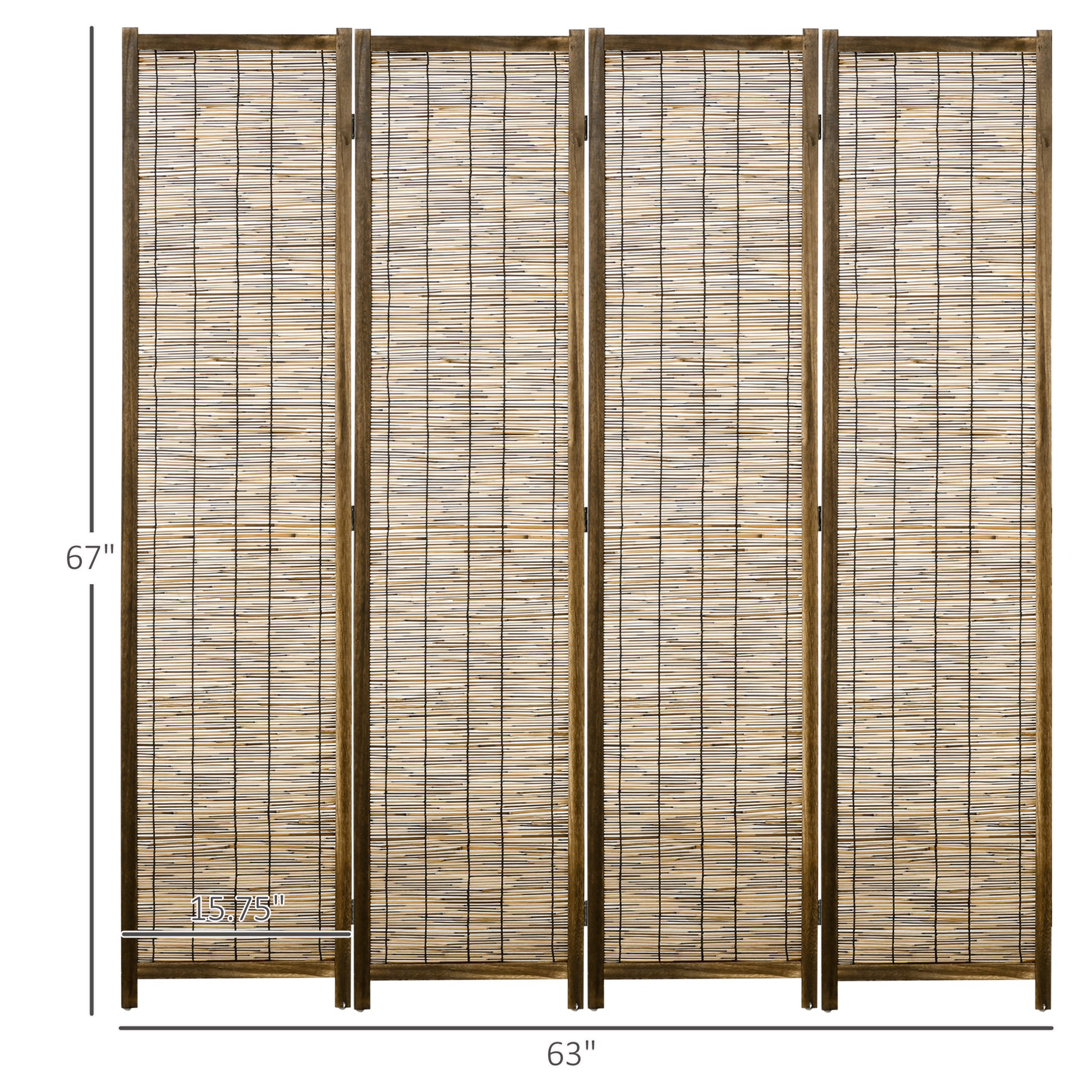 Fourpanel bamboo room divider with dark wood frame  inches tall
