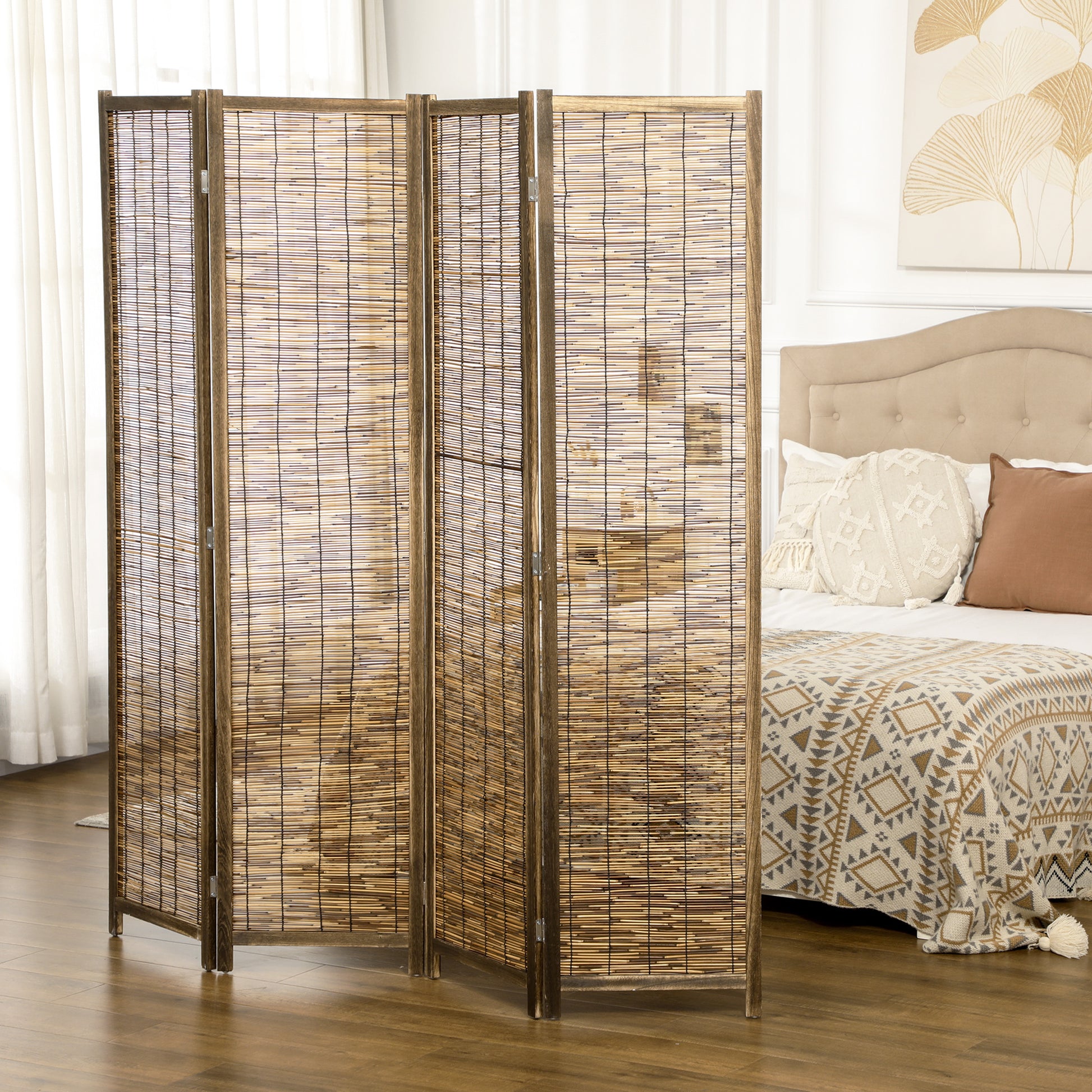Natural bamboo room divider with dark wood frame for bohemian decor