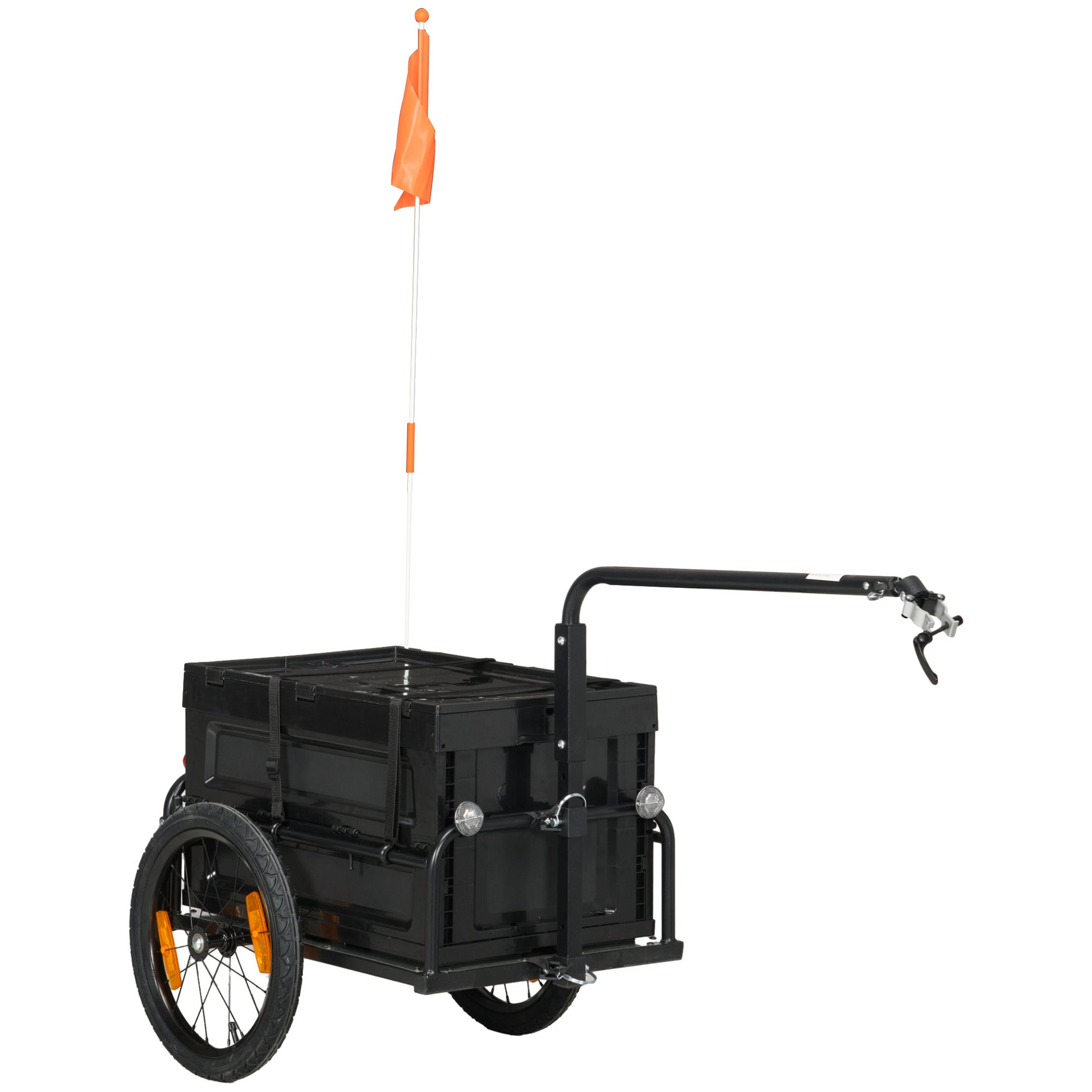 Black bicycle cargo trailer with orange safety flag and reflective wheels