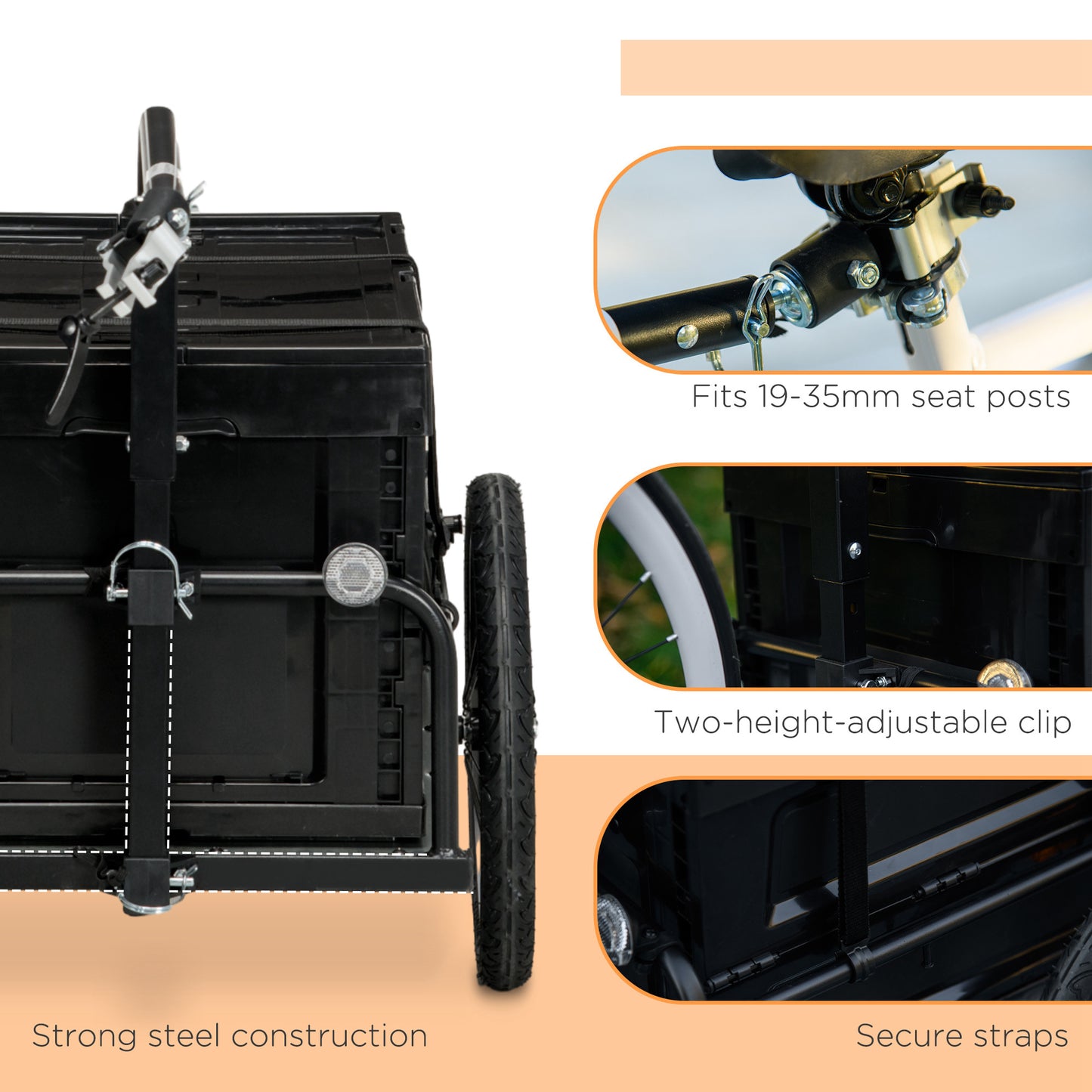 Black bicycle cargo trailer with adjustable seat post clamp for mm posts