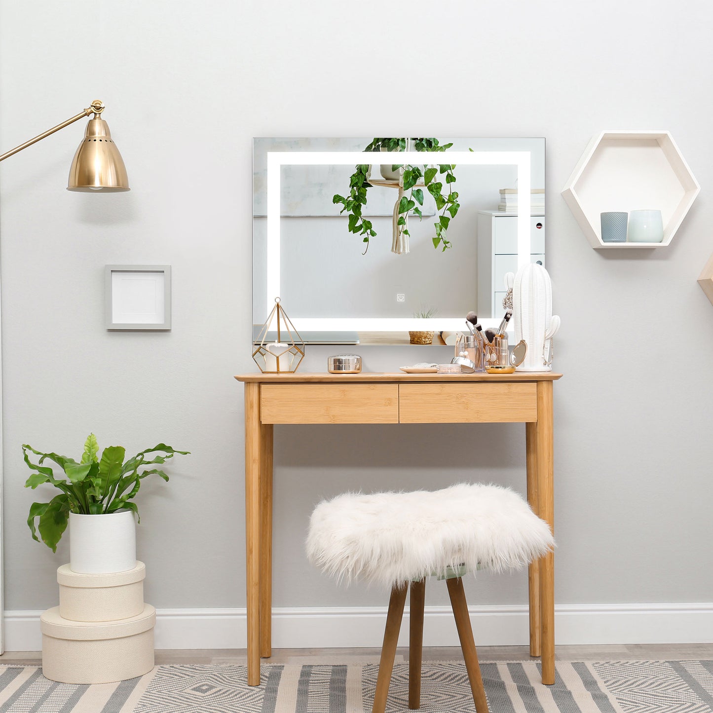 Wooden vanity table with illuminated mirror and plush stool