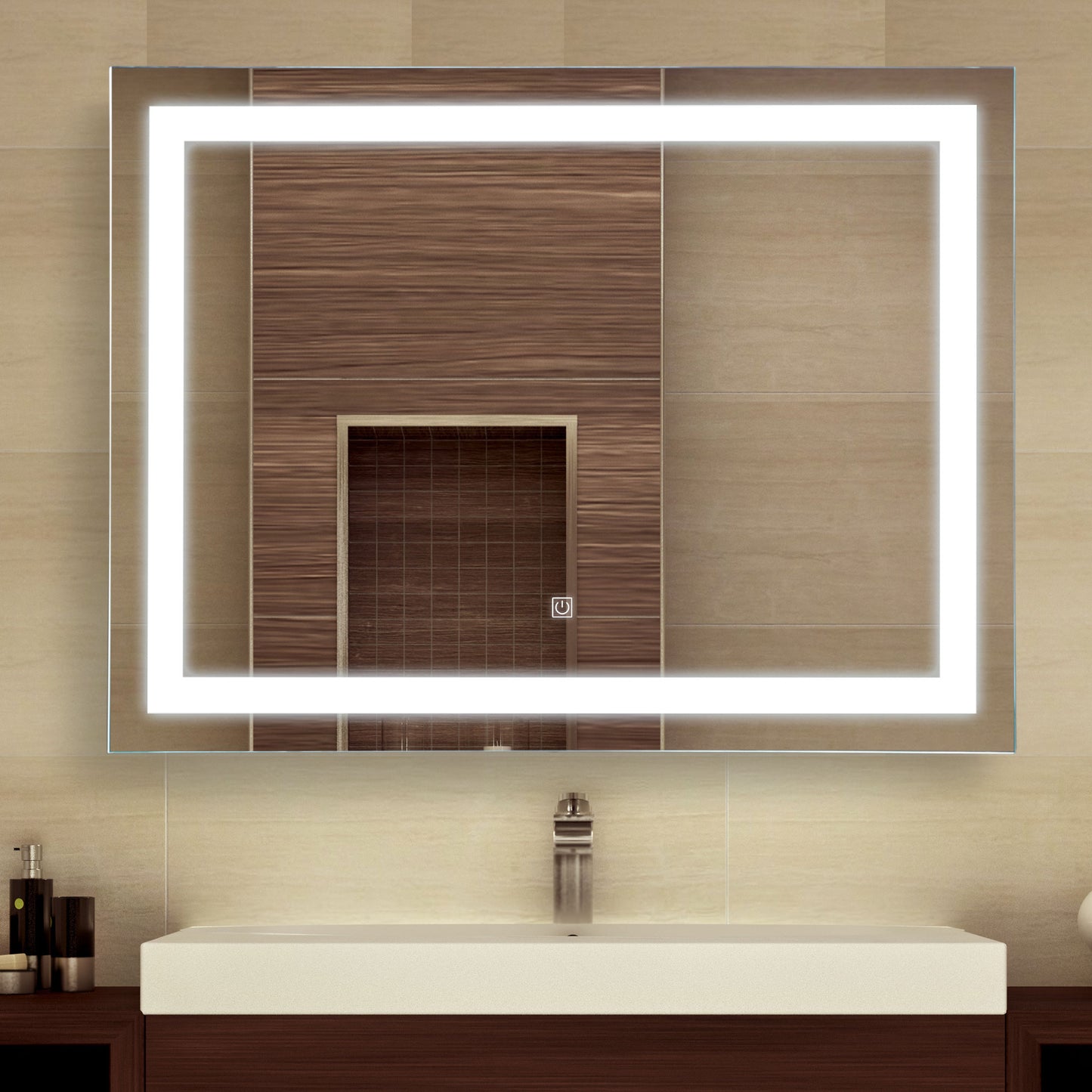 Rectangular bathroom mirror with bright LED border and woodgrained accent panel