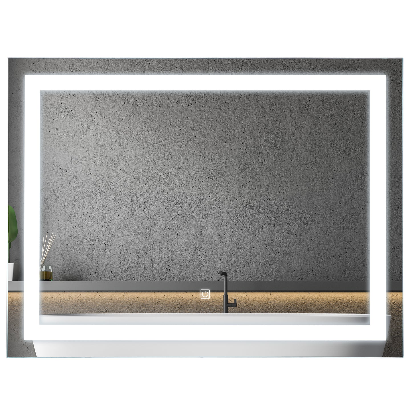 Modern bathroom mirror with integrated LED lighting and touch control