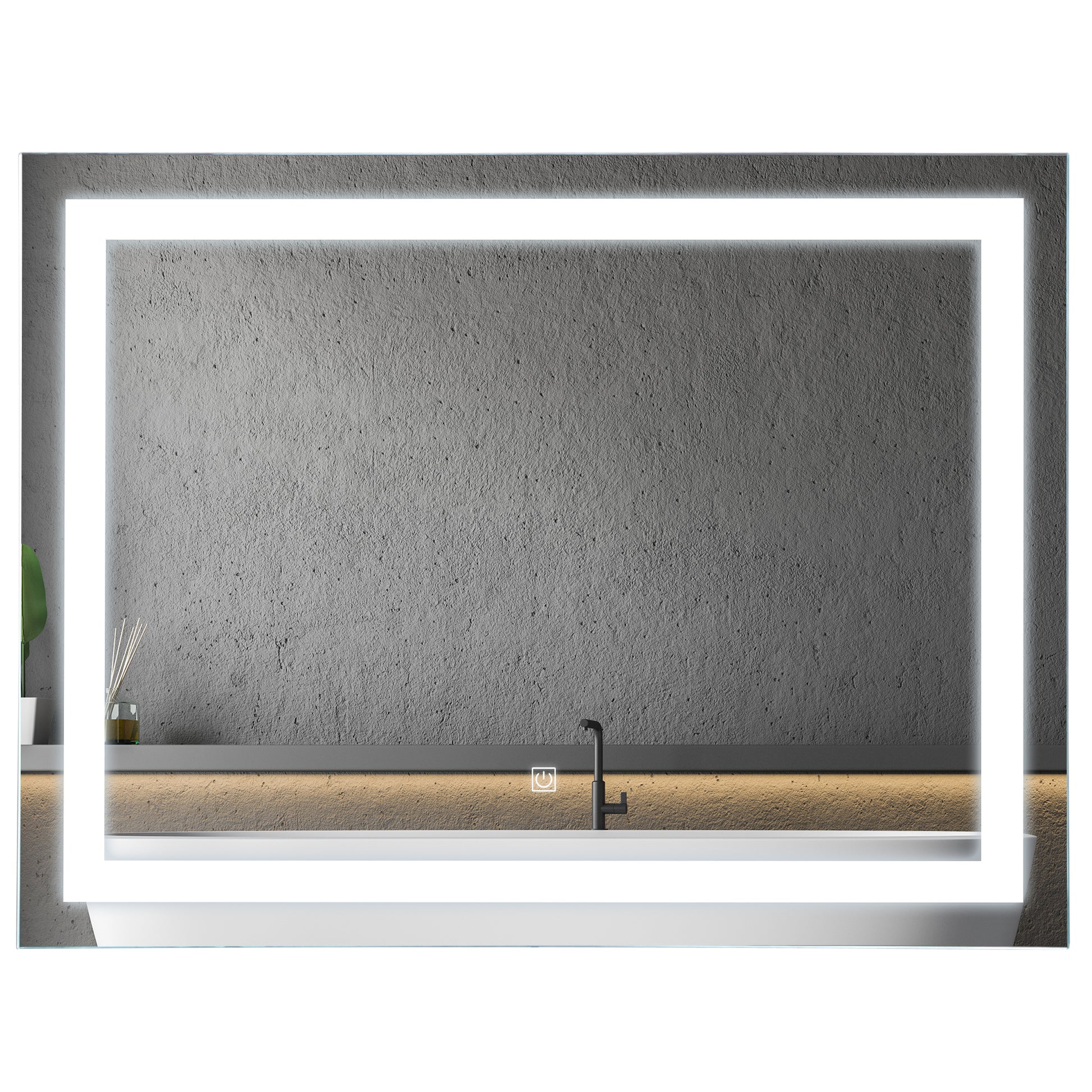 Modern bathroom mirror with integrated LED lighting and touch control