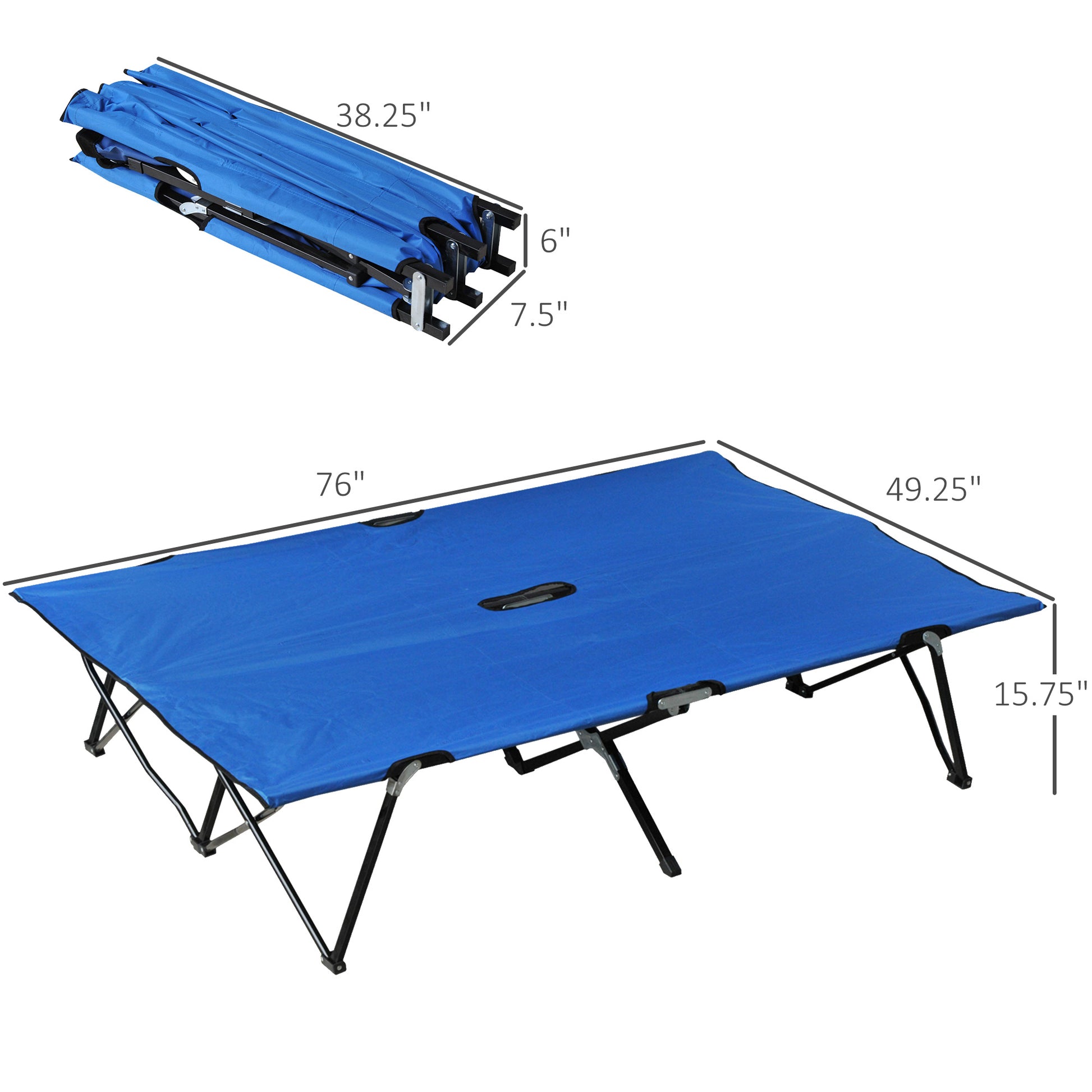 Blue camping cot unfolded with black metal frame for outdoor use