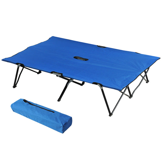 Blue foldable camping cot with black metal frame and carry bag