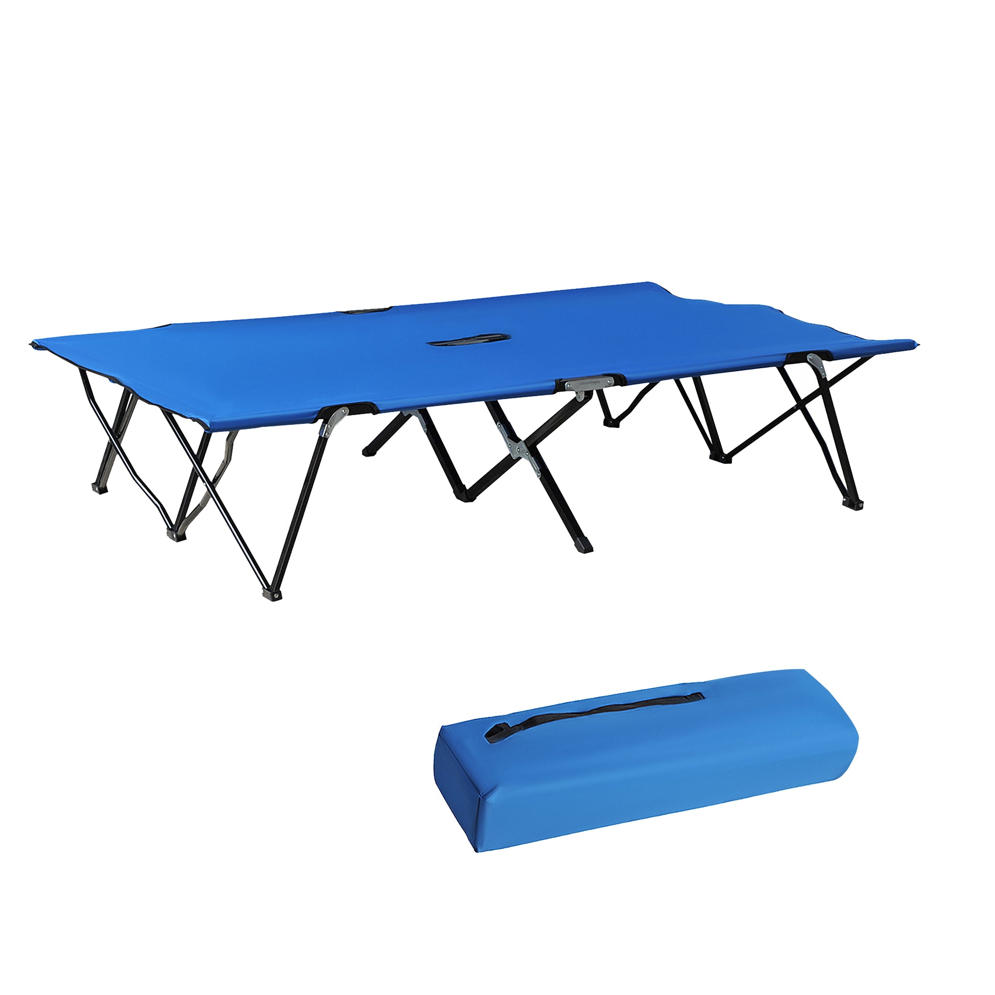 Blue foldable camping cot with black metal frame and carrying case