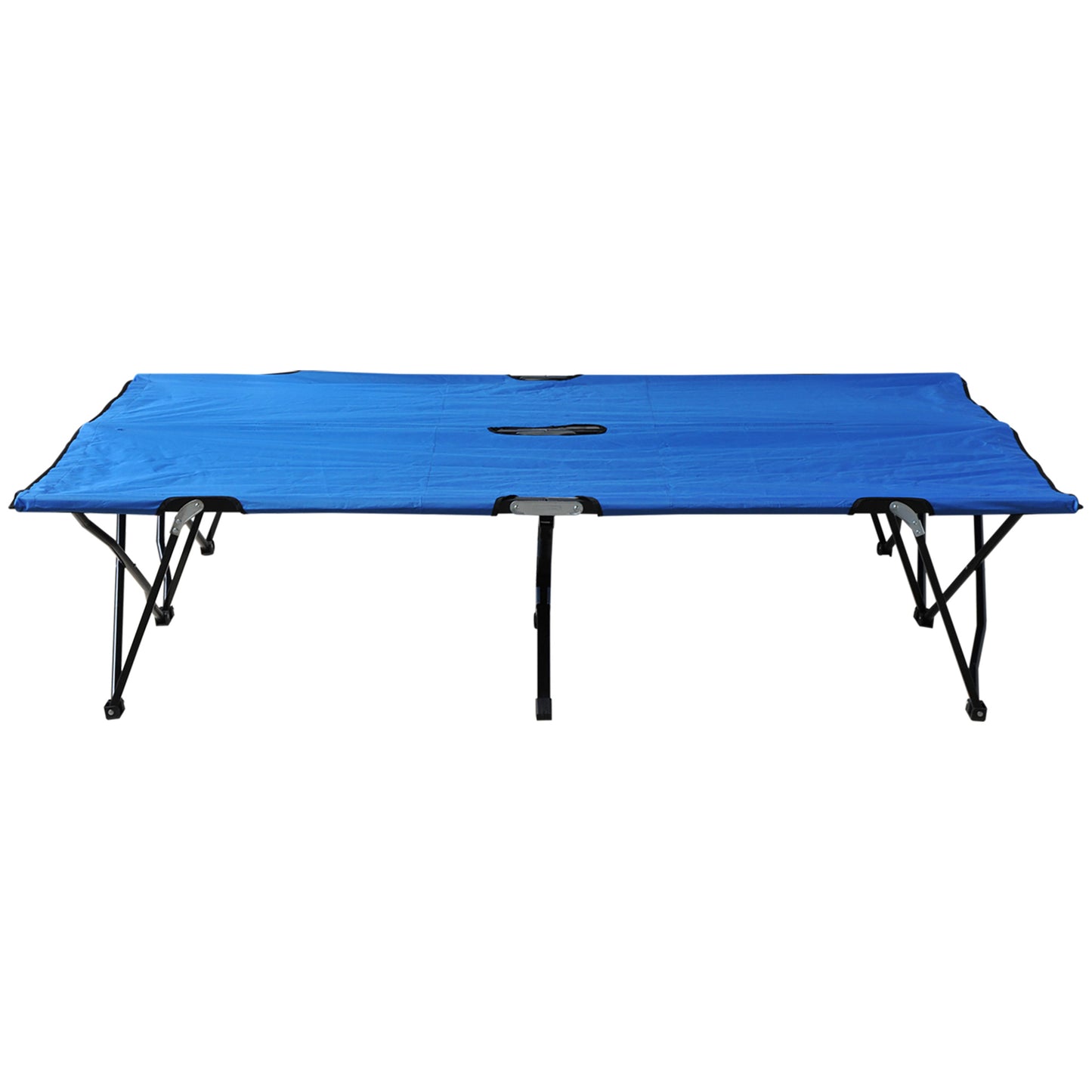 Blue foldable camping cot with sturdy black metal frame ideal for outdoor enthusiasts