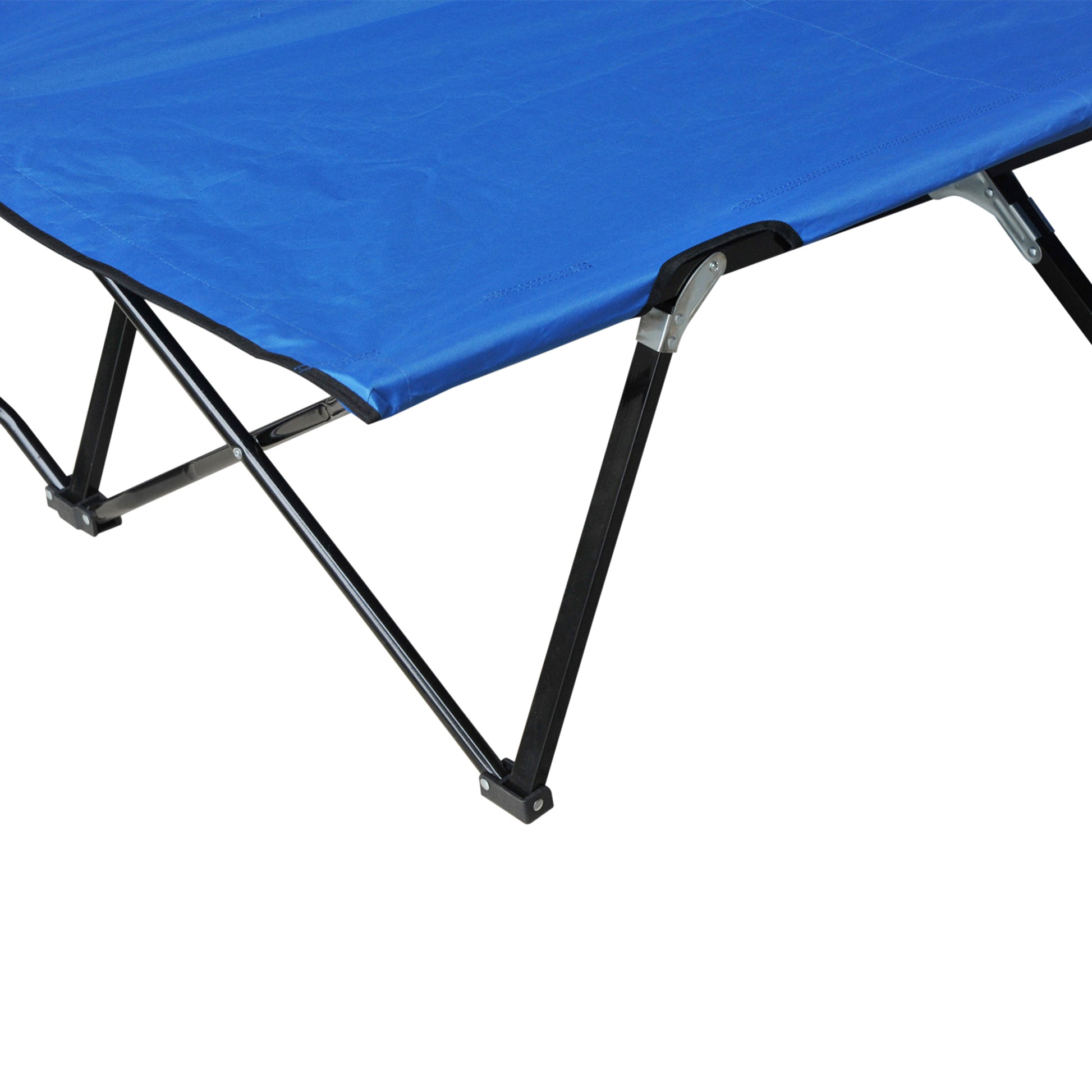 Blue folding cot with durable canvas and black metal frame ideal for camping