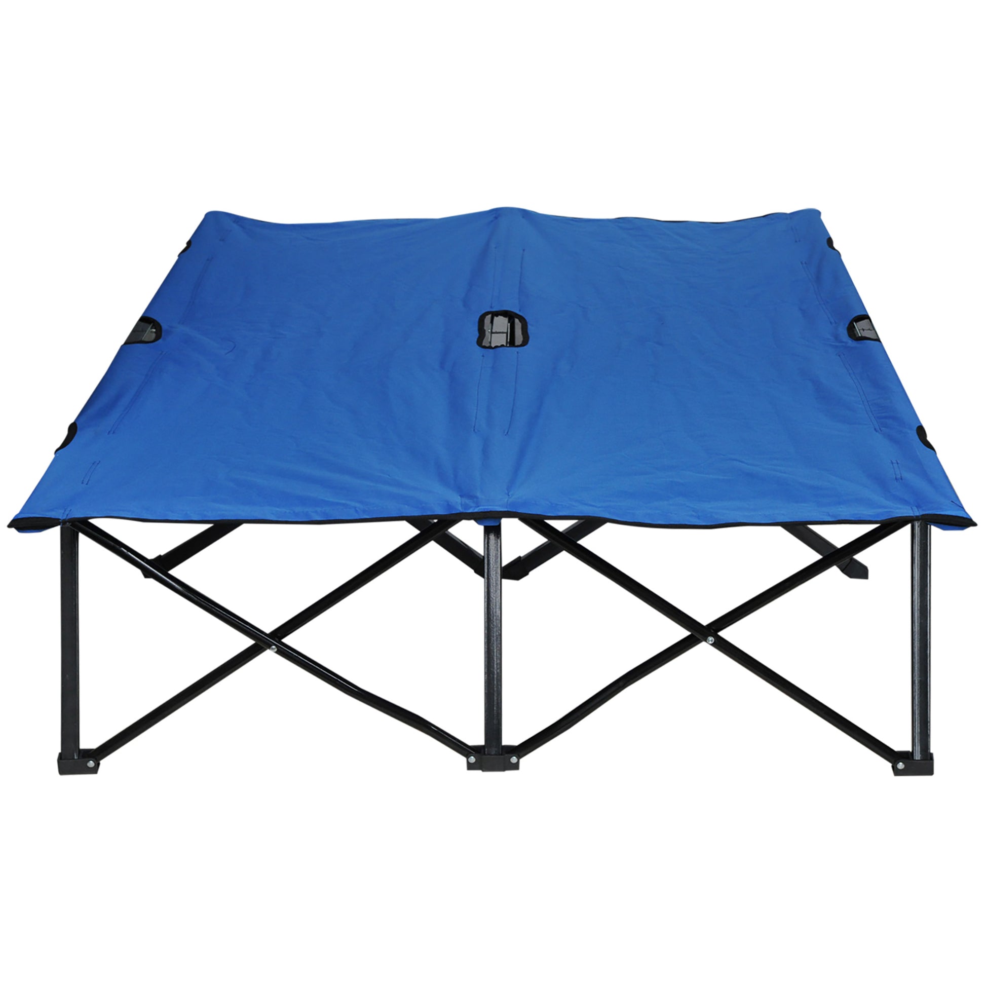 Blue folding table with black metal frame and reinforced corners for durability