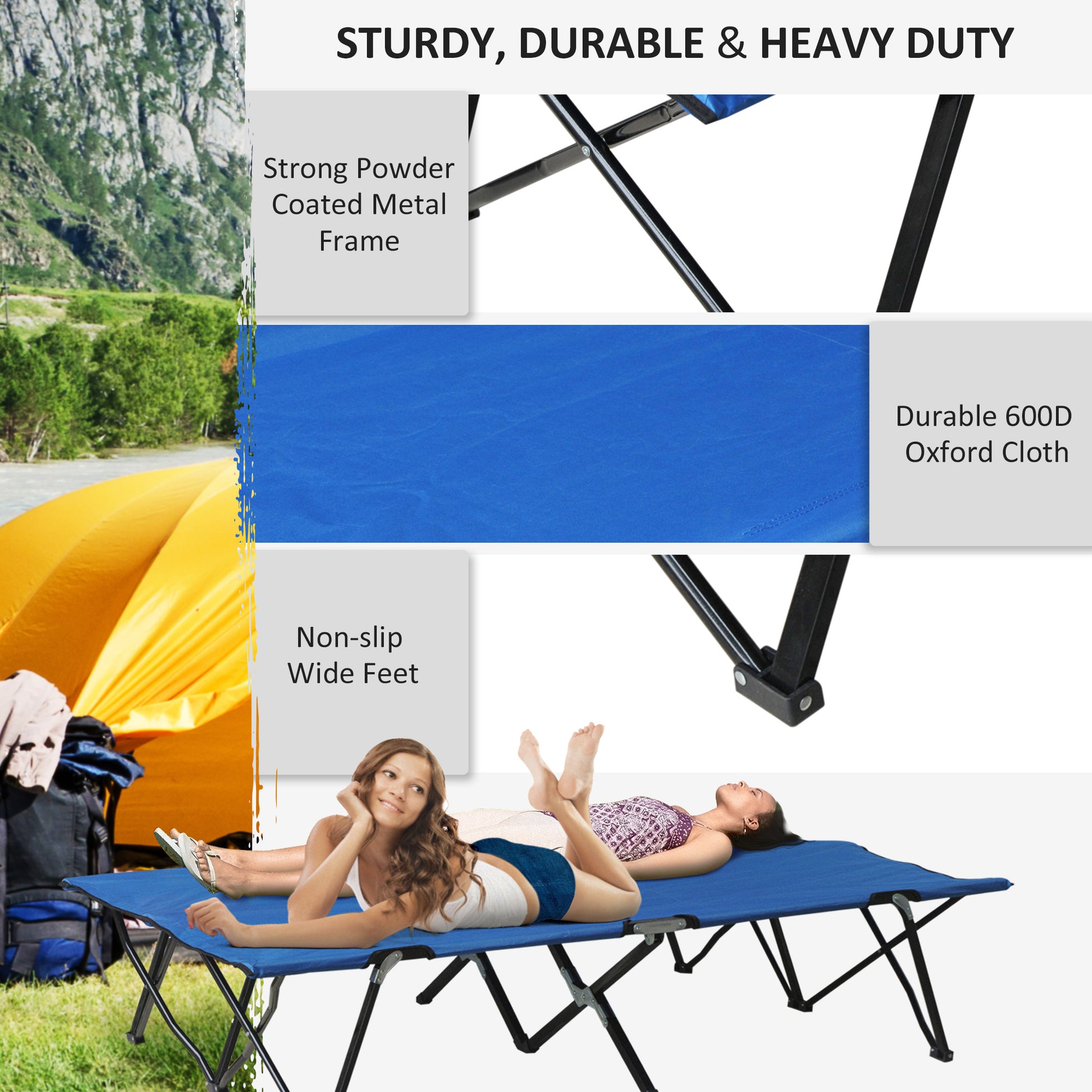 Blue camping cot with sturdy black metal frame and nonslip feet
