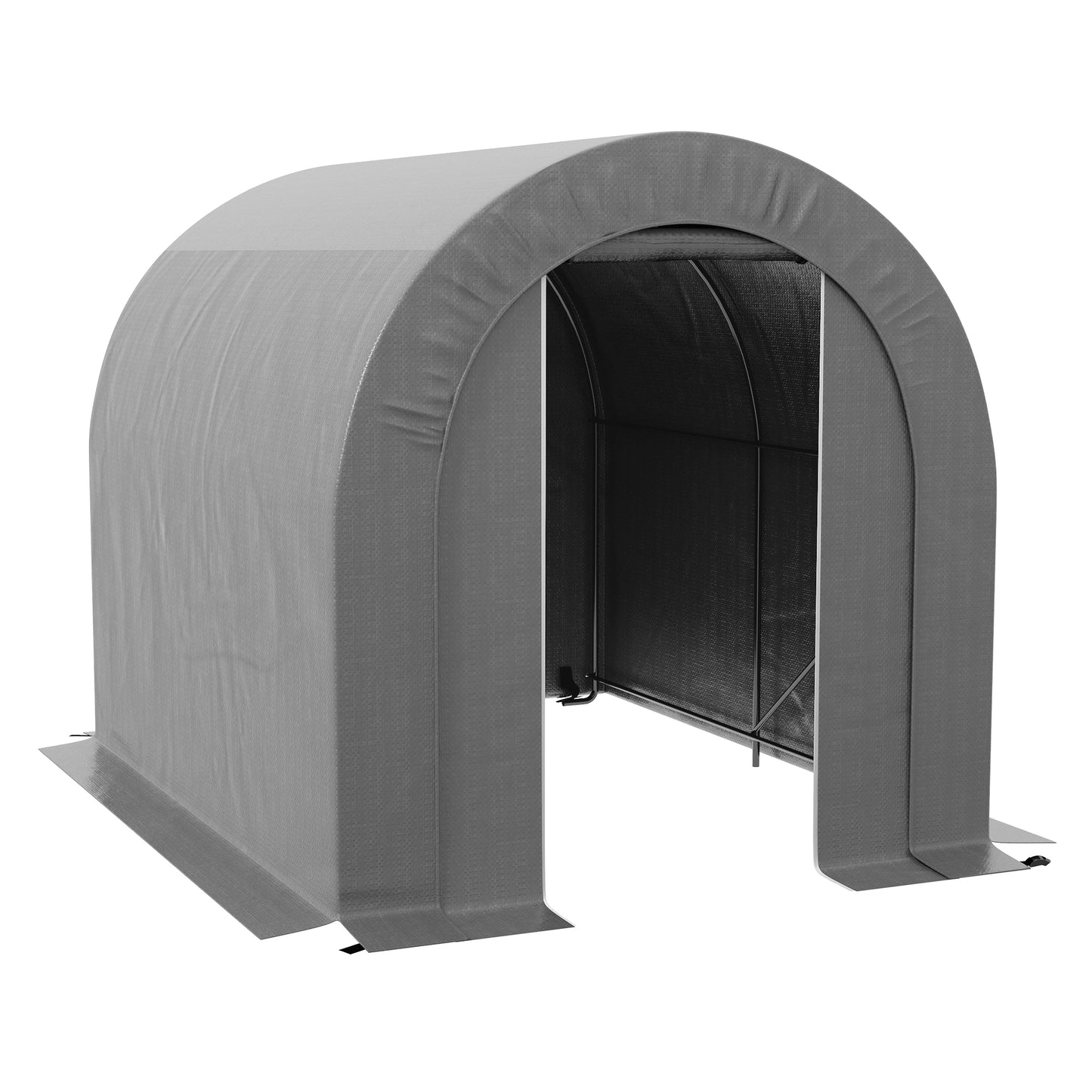 Grey heavyduty polyethylene storage shelter with arched roof and open front