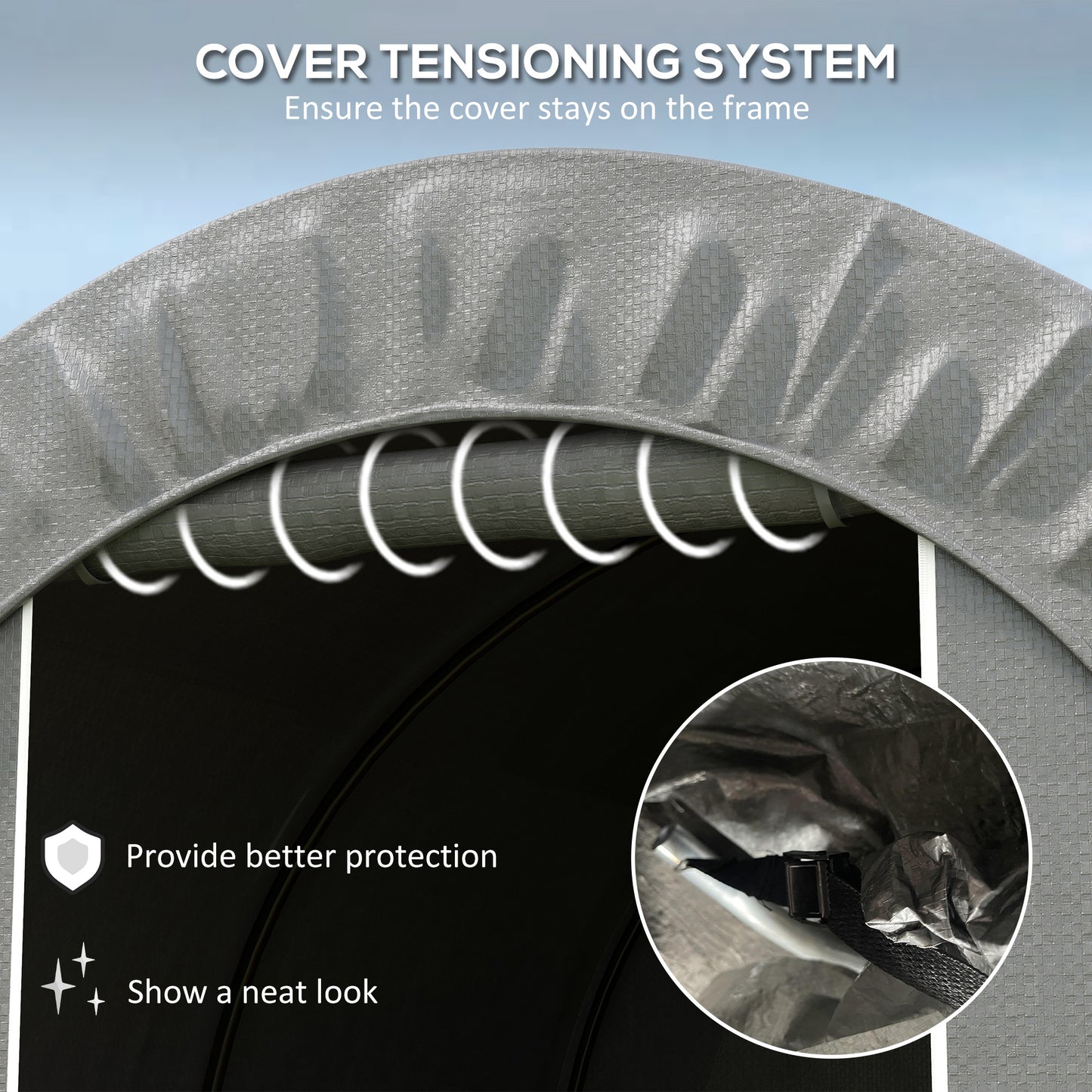 Gray textured cover with integrated cover tensioning system and clips