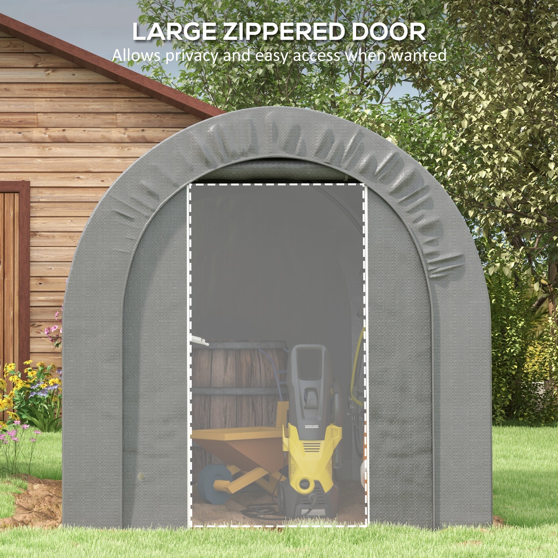 Gray arched shed cover with large zippered door ideal for outdoor storage