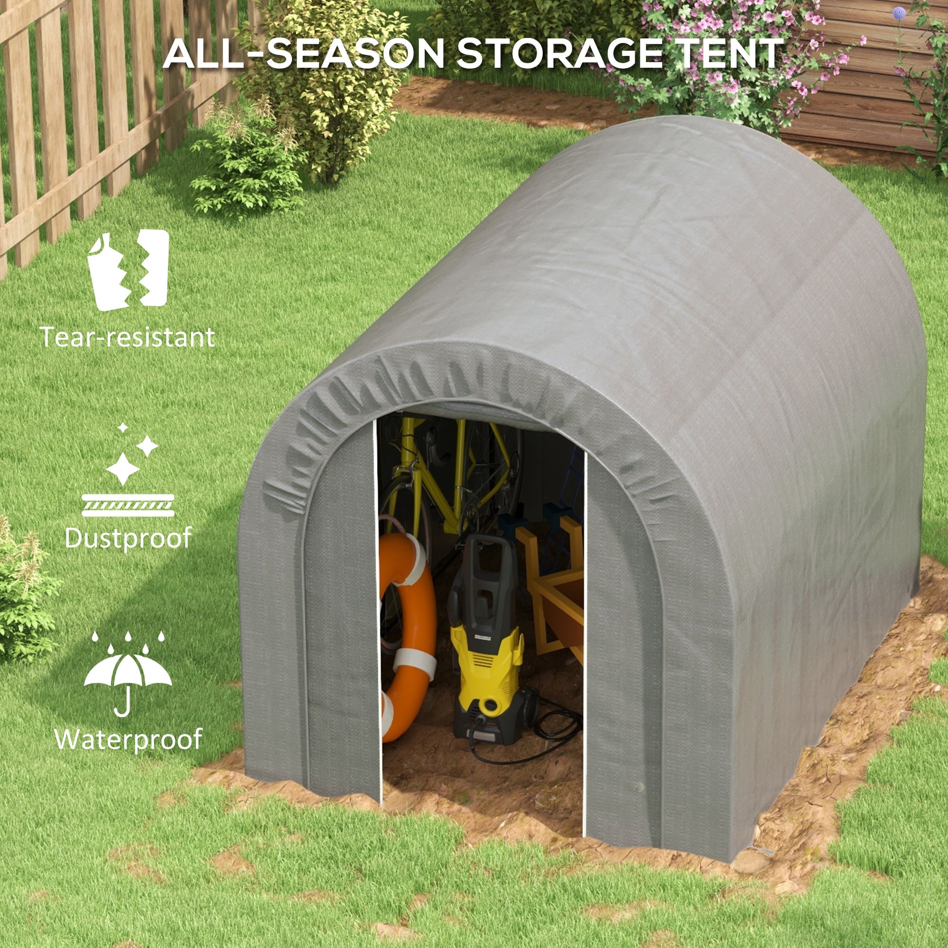 Gray allseason storage tent with waterproof and dustproof features