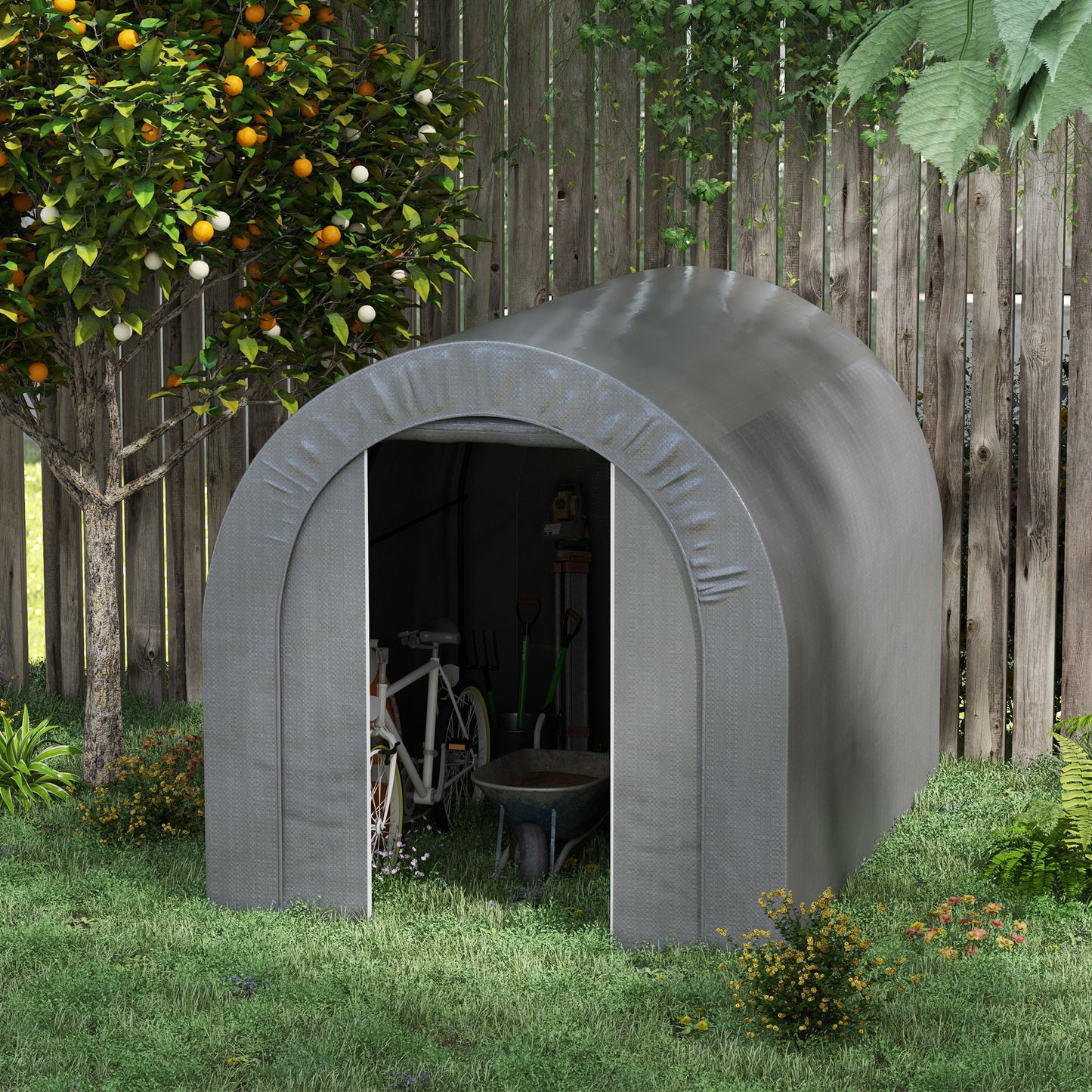Gray arched storage shed housing a bicycle and gardening tools
