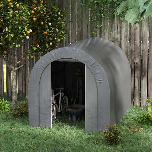 Gray arched storage shed housing a bicycle and gardening tools