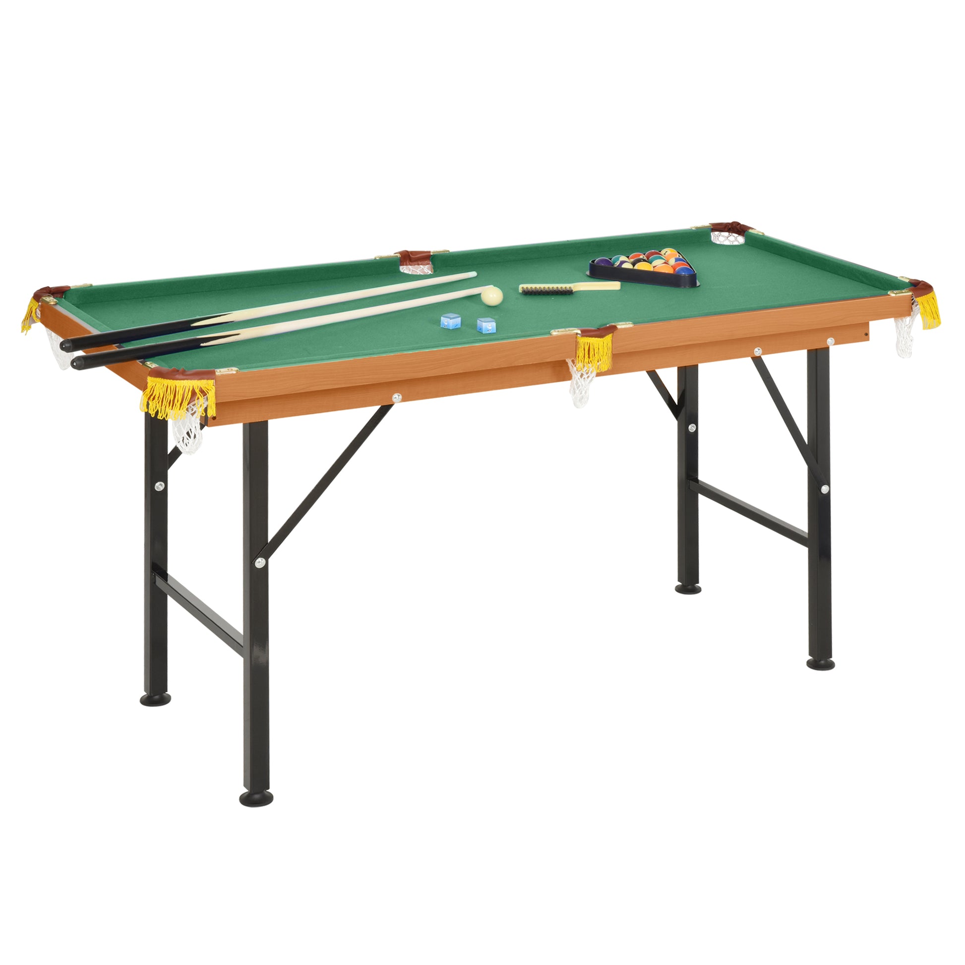 Compact folding billiard table with green felt and wooden frame includes cues balls and rack