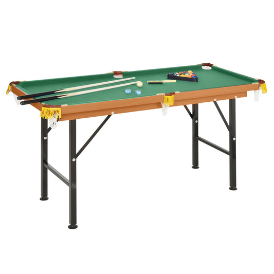 Compact folding billiard table with green felt and wooden frame includes cues balls and rack