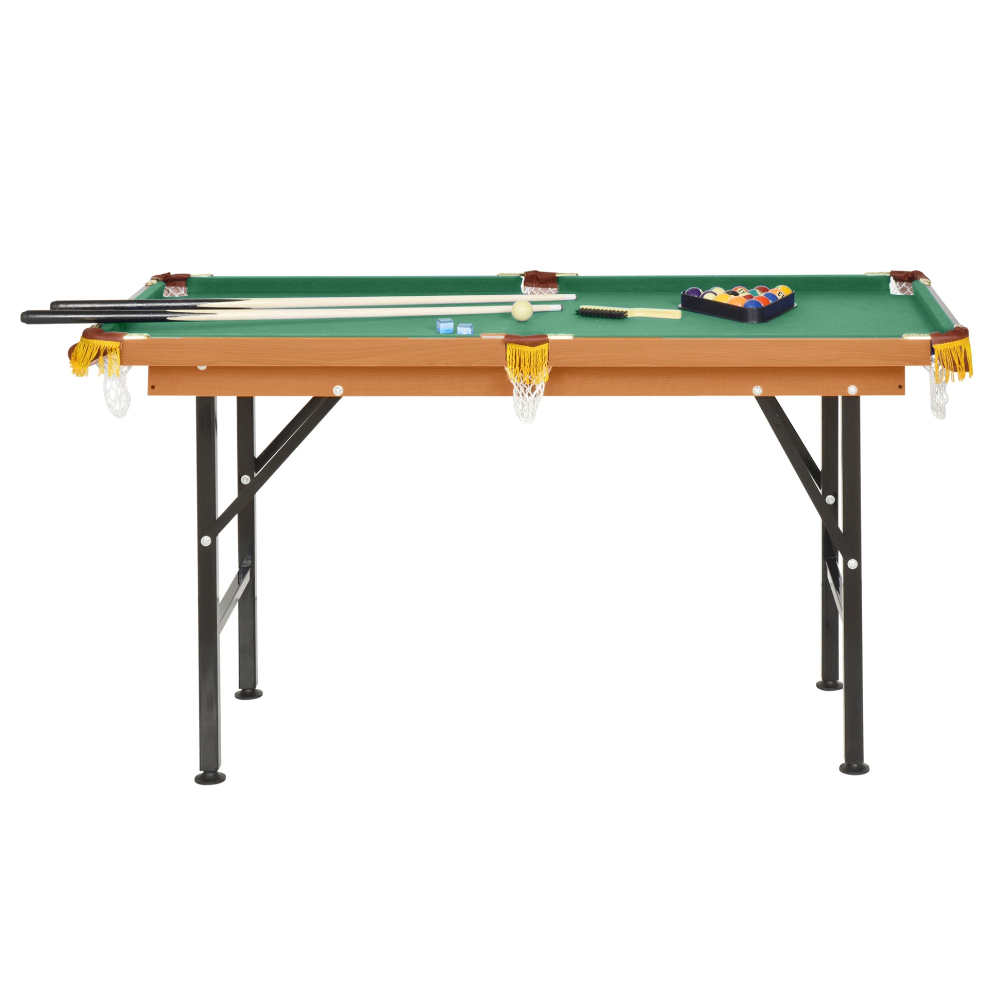 Compact green billiard table with folding legs two cues and balls