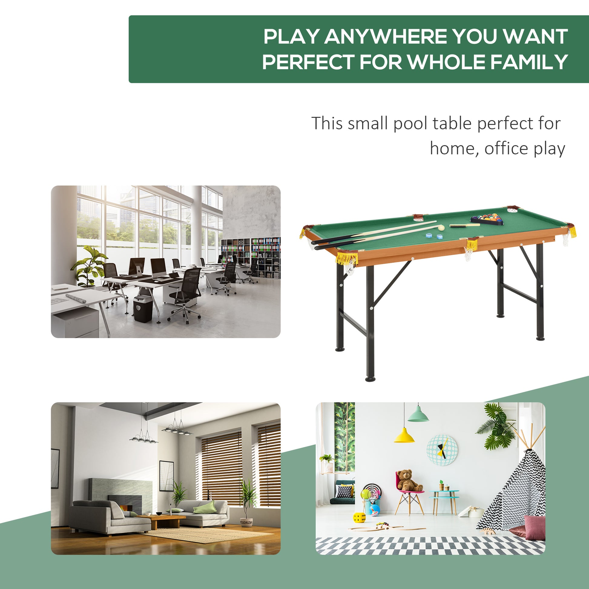 Green felt pool table with cues and balls ideal for home entertainment