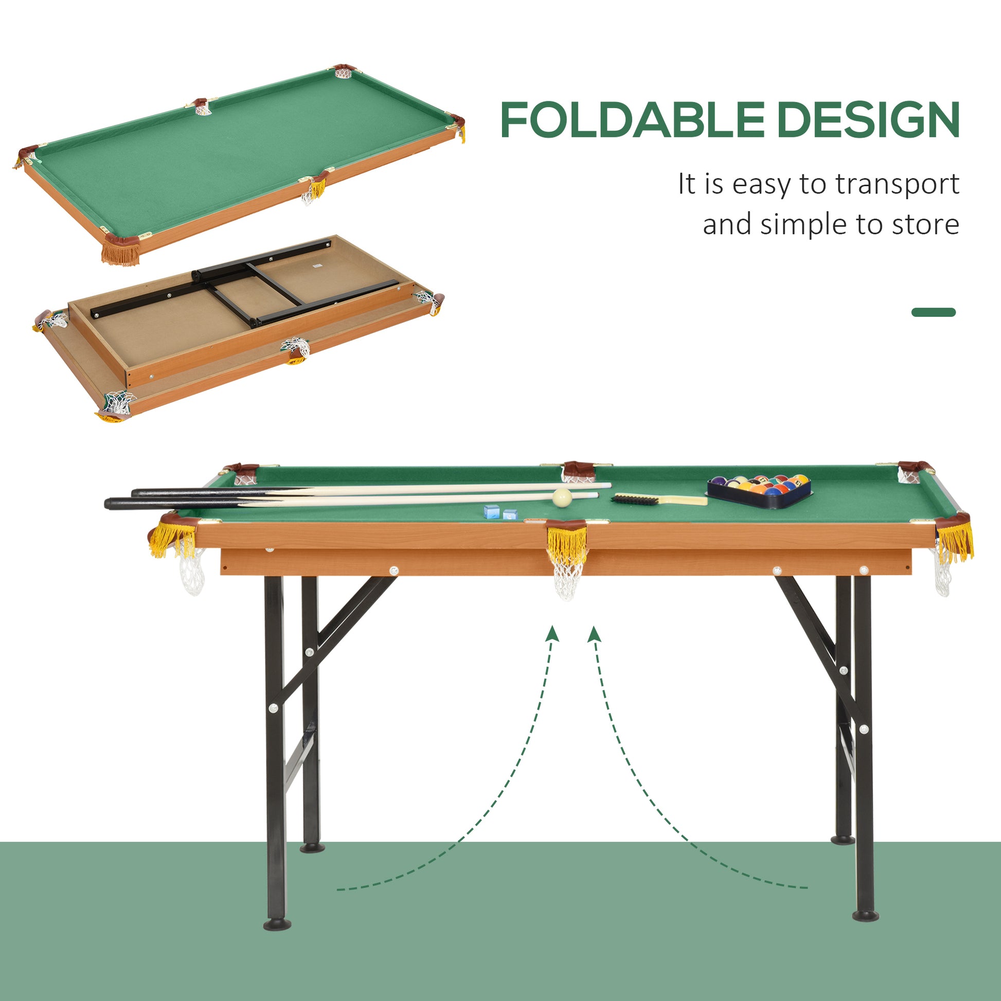 Green felt billiard table with wooden frame showing its foldable design