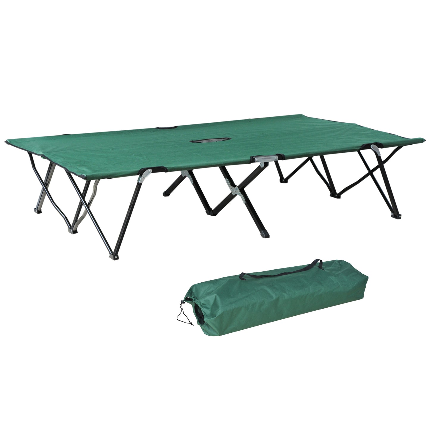 Green camping cot with sturdy metal frame folds for portability