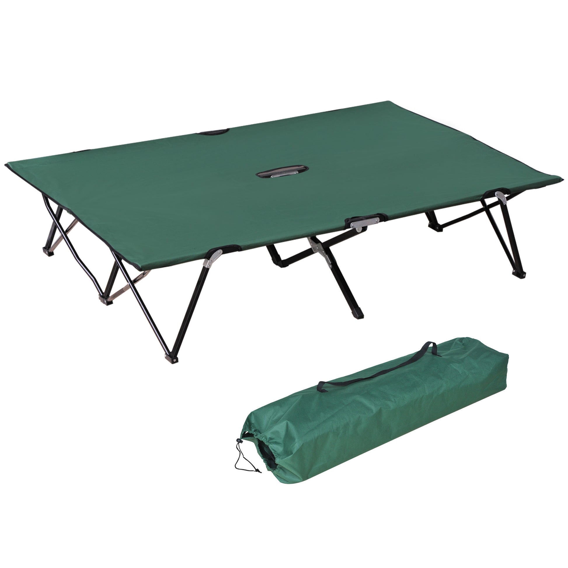 Green camping cot with durable fabric and sturdy metal frame includes carry bag for outdoor use