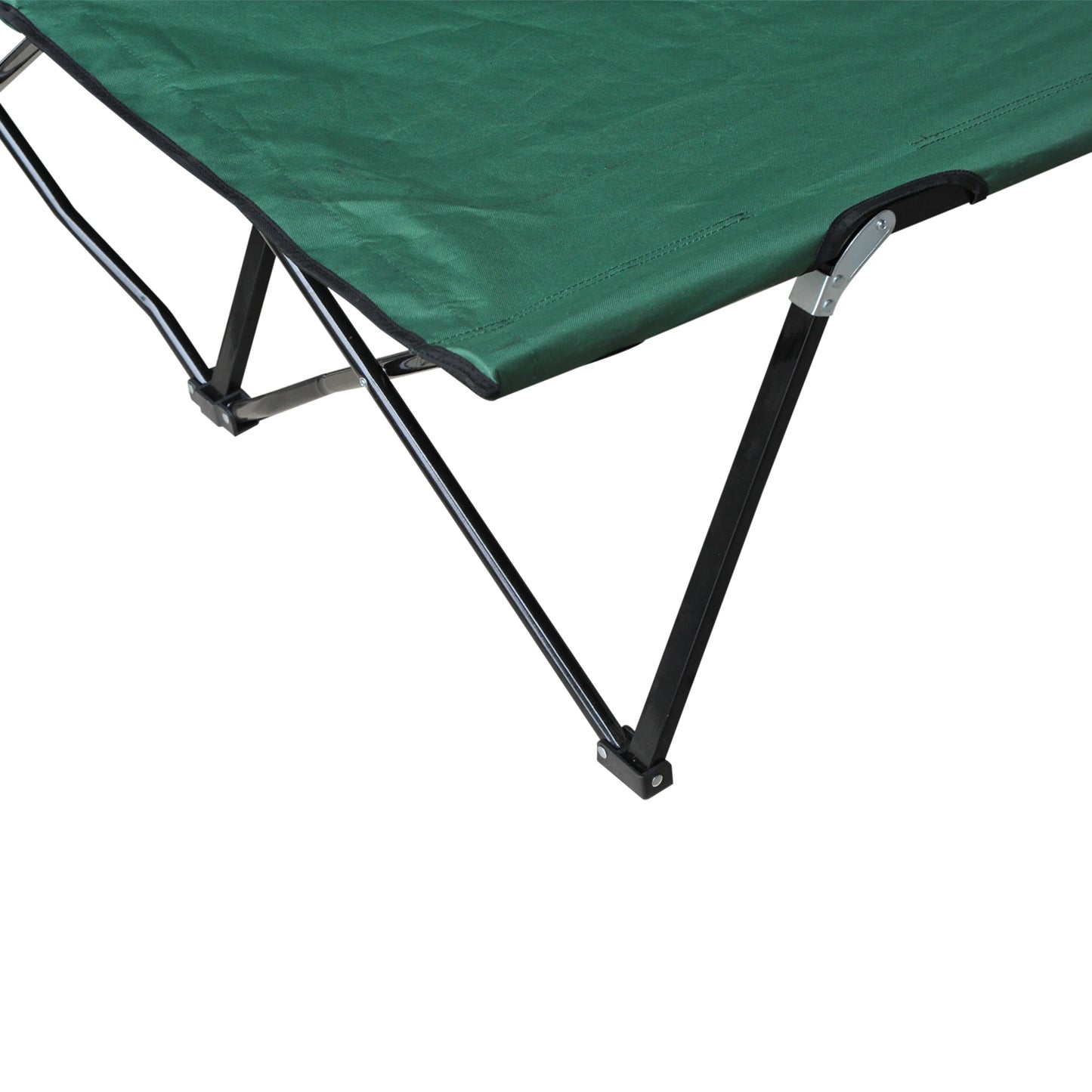 Green canvas camping cot with black metal foldable frame ideal for outdoor use